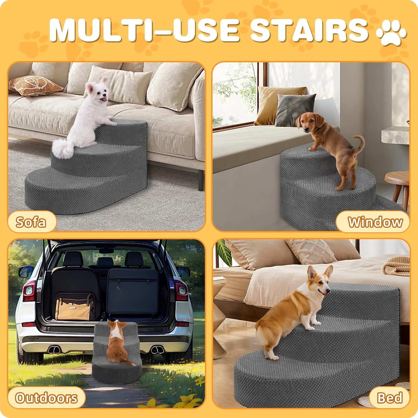 Dog Stairs for Small Dogs, Foam Steps for Small Dogs & Cats, 3 Steps Dog Ramp for High Beds, Couch, Window, Sofa, Pet Stairs with Removable Washable Cover, Non-Slip Sturdy Pet Steps, Grey