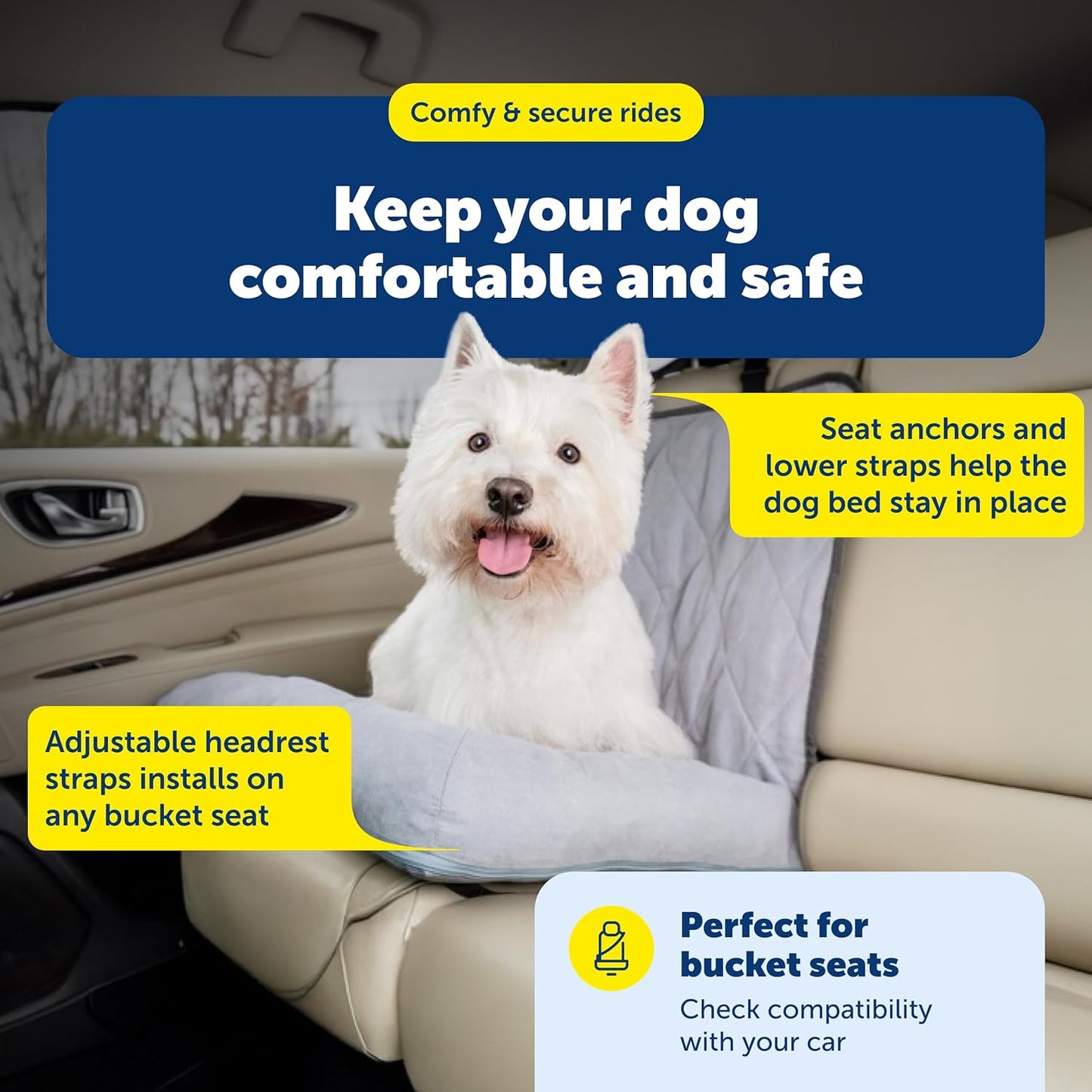 PetSafe Happy Ride Car Dog Bed - Best for Bucket Seats - Fits Cars, Trucks, Minivans and SUVs - Comfortable and Machine Washable - Durable Vehicle Pet Bed - Grey