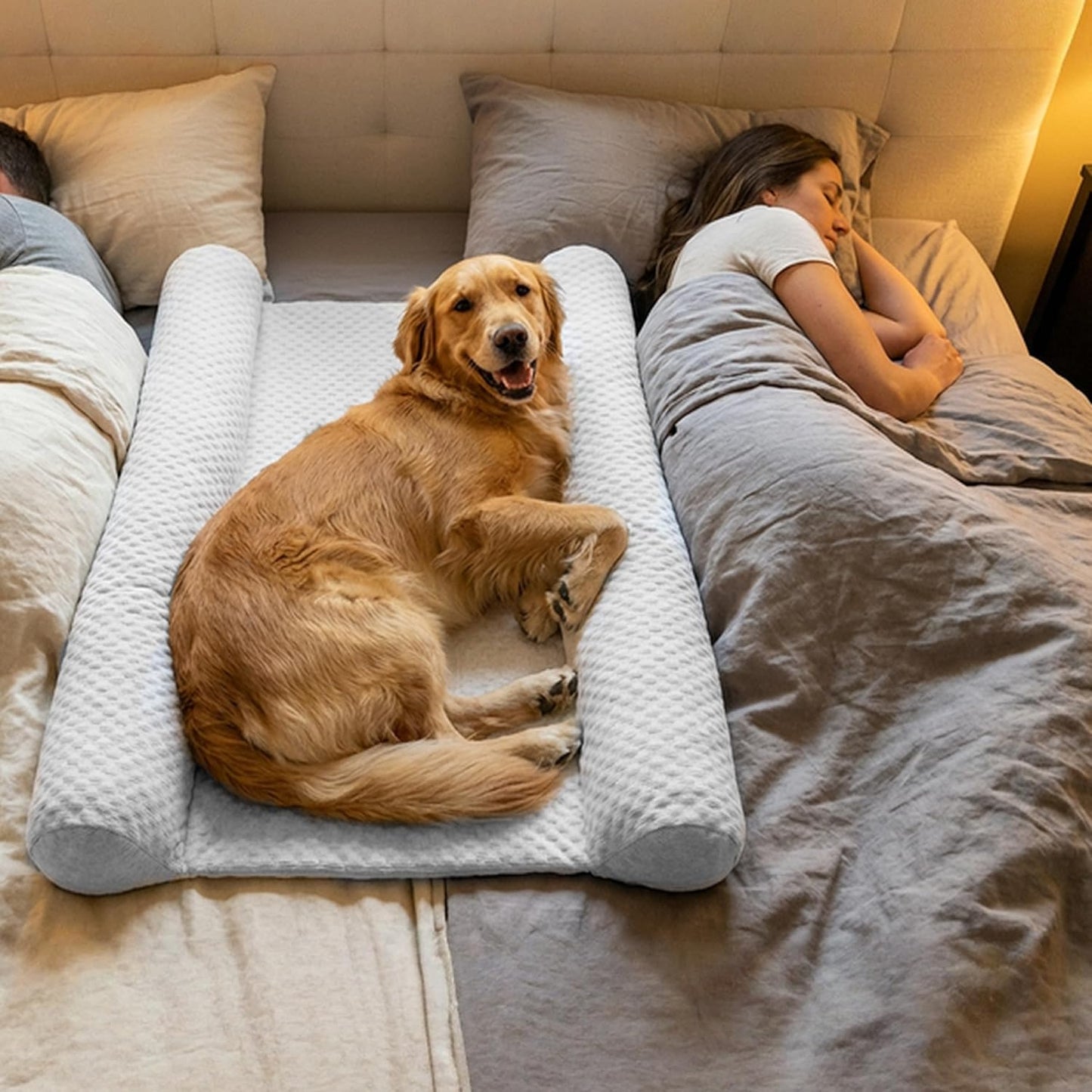 DenMate - On-Bed Dog Bed for Medium/Large Dogs (26x40), Stabilizing 100% Cotton Bolsters for Night Movement, Improves Comfort & Sleep for Dogs & Owners, Machine Washable Pet Mattress (Grey)