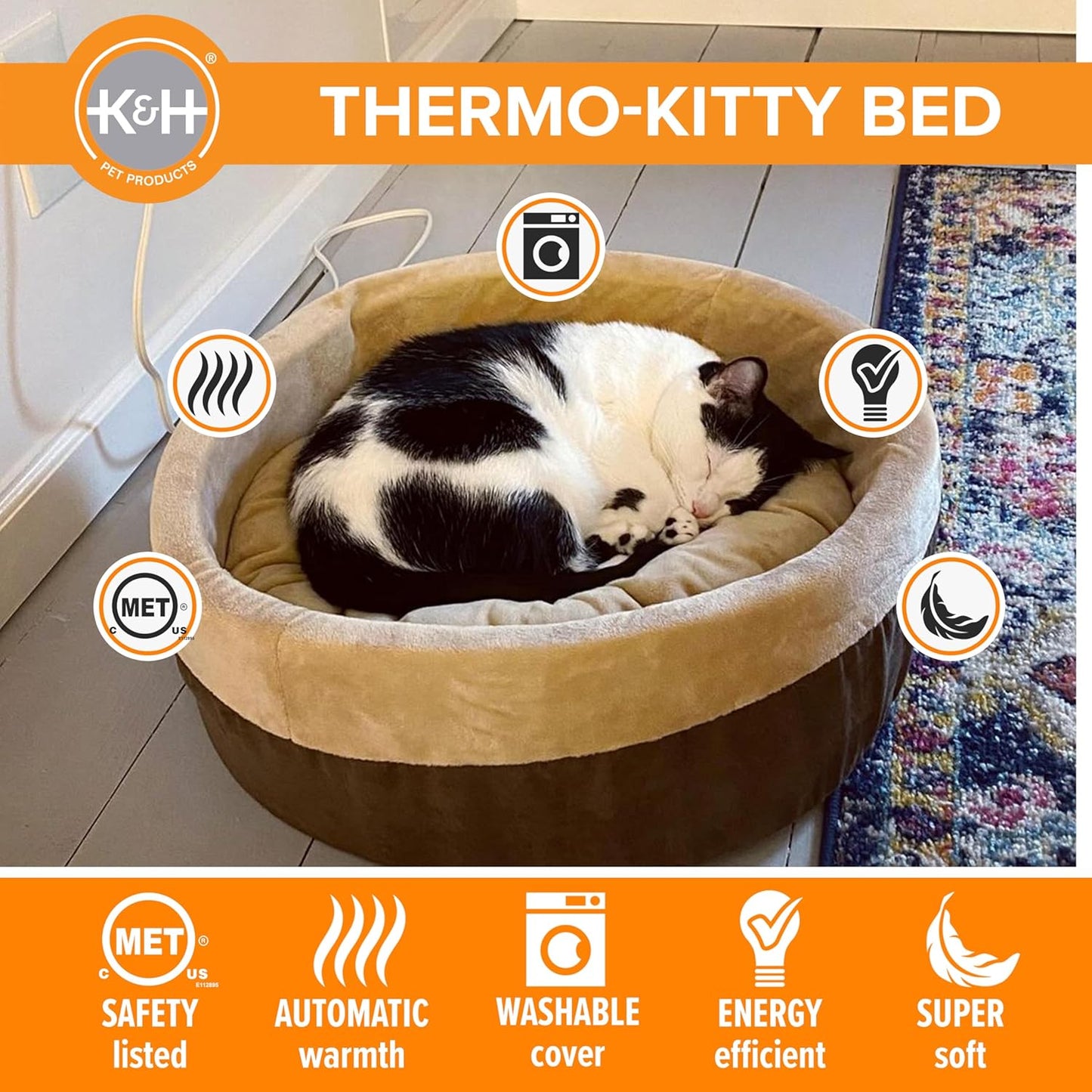 K&H Pet Products Thermo-Kitty 실내 고양이 및 개를 위한 온열 고양이 침대, 진정 보온 베개 반려동물 침대, 세탁기 사용 가능, 탈착식 히터, 안전 등록 - 스몰 40.6cm(16인치) 원형 모카/탠