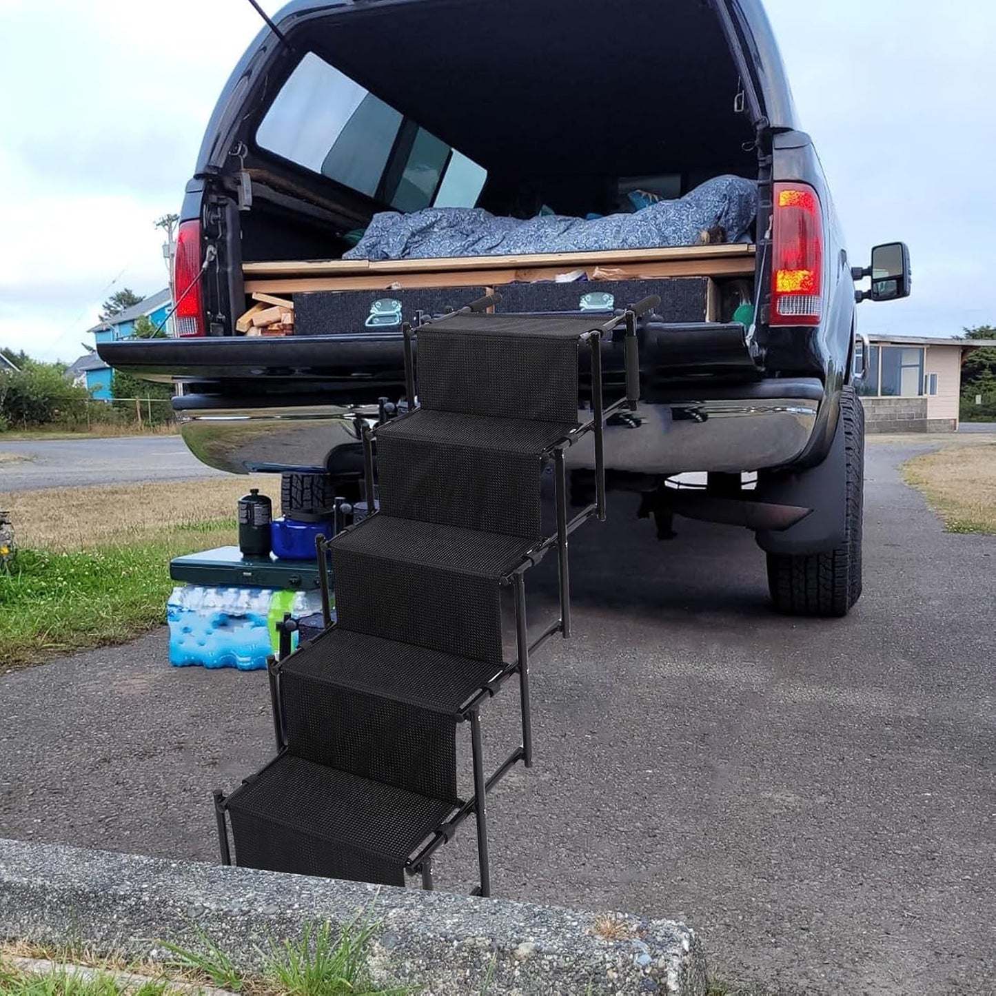 Luqeeg Foldable Dog Ramp, 5 Step Portable Dog Stairs, Non Slip Surface Wide & Gentle Slope Secure Fastening Pet Ladder Ramp with Soft Handles for SUV Truck High Bed Sofas