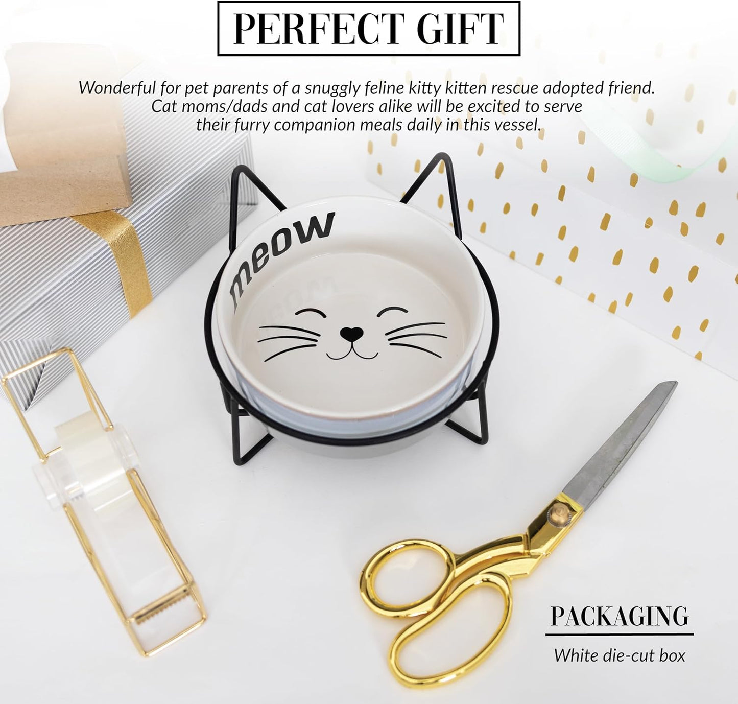 Pavilion Gift Company - Meow - Kitty Cat Kitten Feline 13 oz Food Water Meal Time Ceramic Stoneware Dish Bowl With Metal Iron Stand Pet Accessories Whisker Friendly Indoor Outdoor Easy To Clean