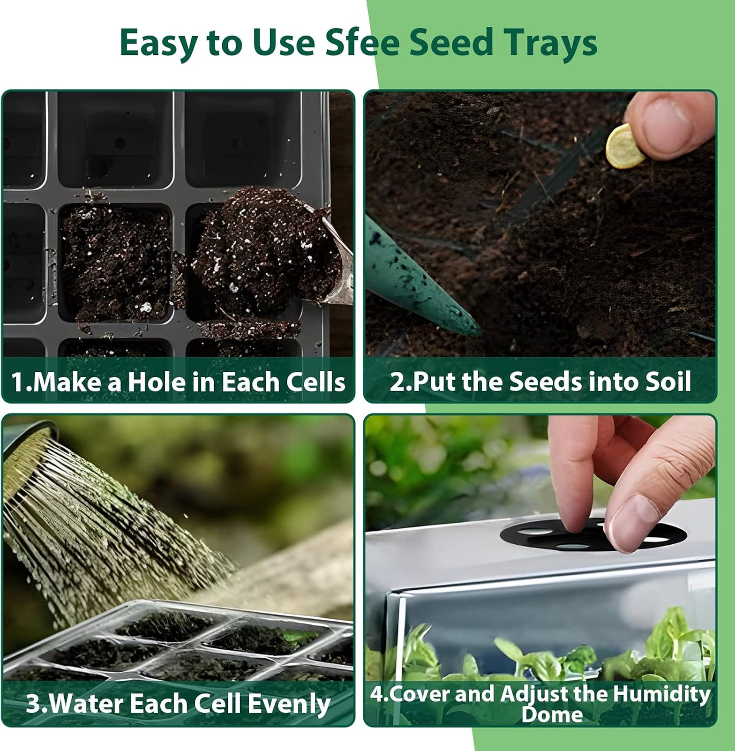 Sfee 5 Pack Seed Starter Tray Kit, 60 Cells Seedling Starter Trays with Humidity Dome and Base Greenhouse Growing Trays, Reusable Seed Germination Seedling Tray with Garden Tools Labels (Black)