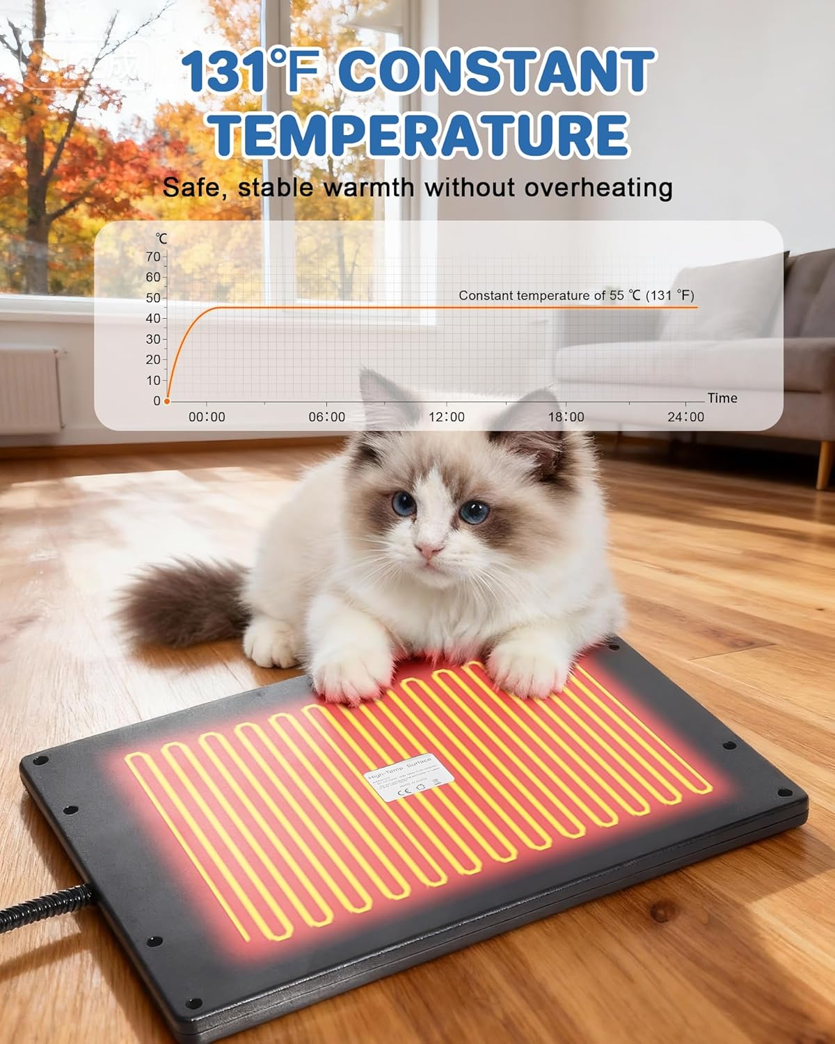 Roicaholy Pet Heating Pad - Waterproof Cat Heating Pad with Removable Cover for Outdoor Indoor Use, Continuous Heat, 15.7x11.8 in, 6ft Cord, 45W, Black
