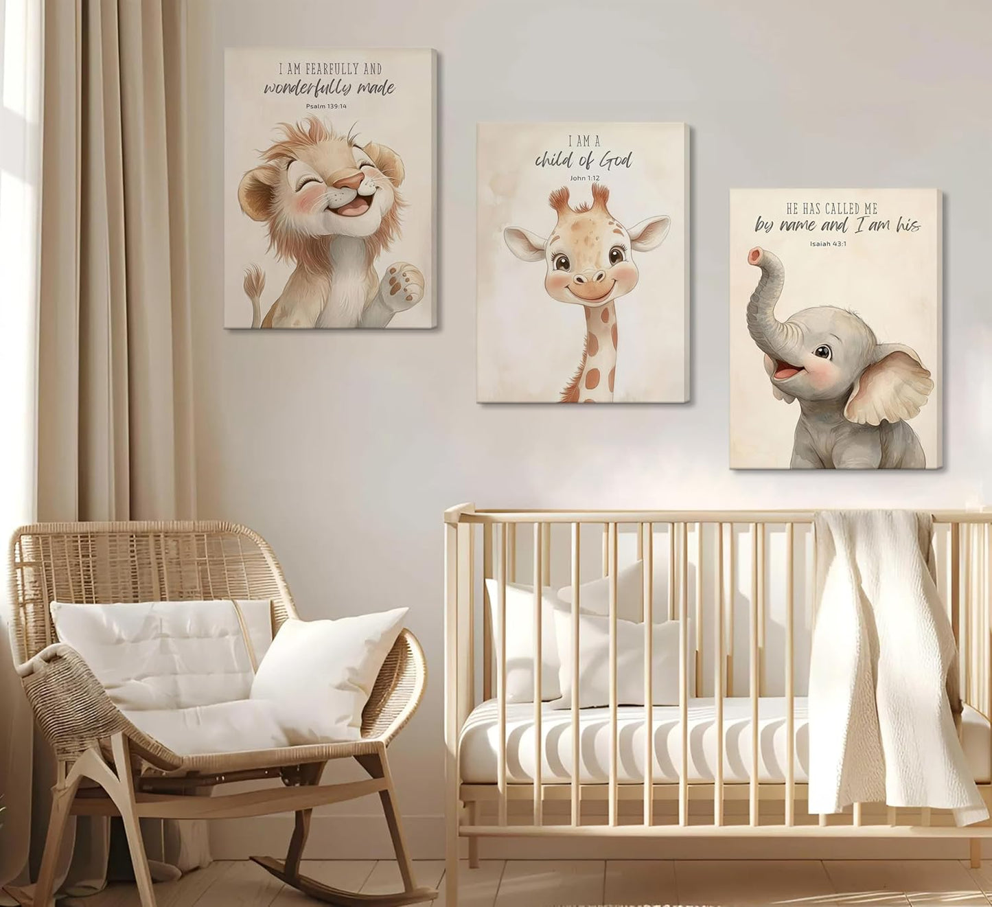 3Pcs Bible Verses Christian Nursery Safari Animals Canvas Wall Art Child of God Cute Animals Picture Wall Decor Lion Giraffe Elephant Poster Print Artwork for Kids Boys Girls Room Home Decoration