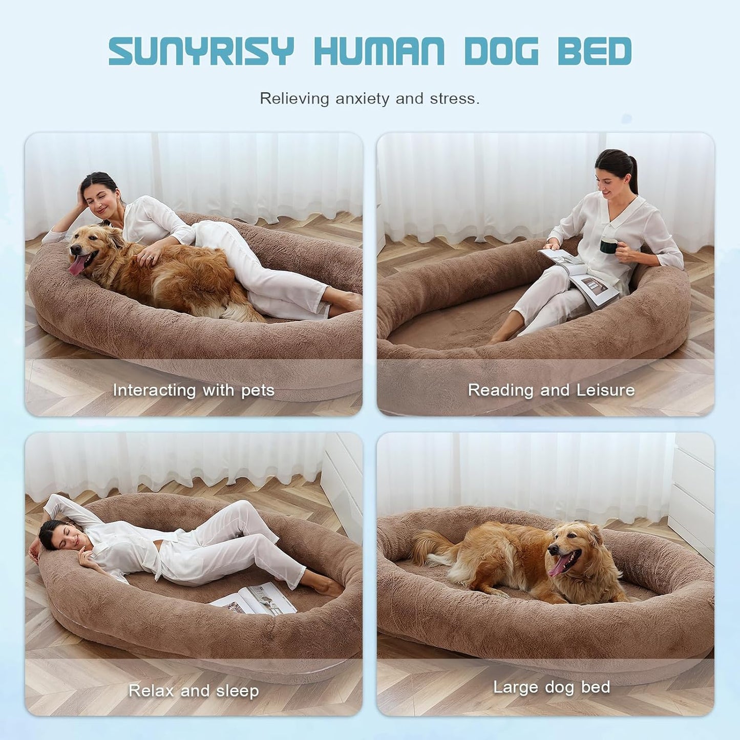 SUNYRISY Large Human Dog Bed, 71" x 47.2" x 12", Washable Faux Fur Non-Slip Bottom Giant Bed for Adults and Large Dogs, Brown