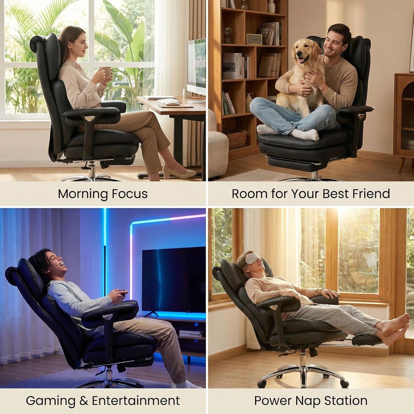 Efomao Big and Tall Office Chair 400lbs Capacity, Executive High Back Chair with 3-Angle Locking Recline and Footrest, Wide Double Padded Desk Chair for Home Office, Metal Frame, Black