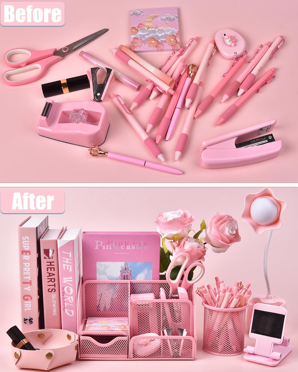 Pink Desk Accessories, 24Pcs Pink Office Supplies and Desk Organizers, with Tape Dispenser, Stapler, Staple Remover, Ect, Gift Box Packaging