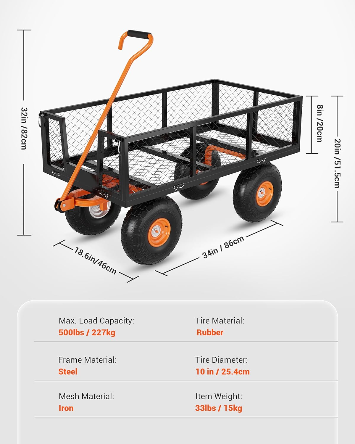 GarveeLife Steel Garden Cart Heavy Duty, 500 LBS Capacity Outdoor Utility Cart with 10 in Wheels, 3 in 1 Metal Garden Wagon for Gardening Soil, Tools, and Plant Transport