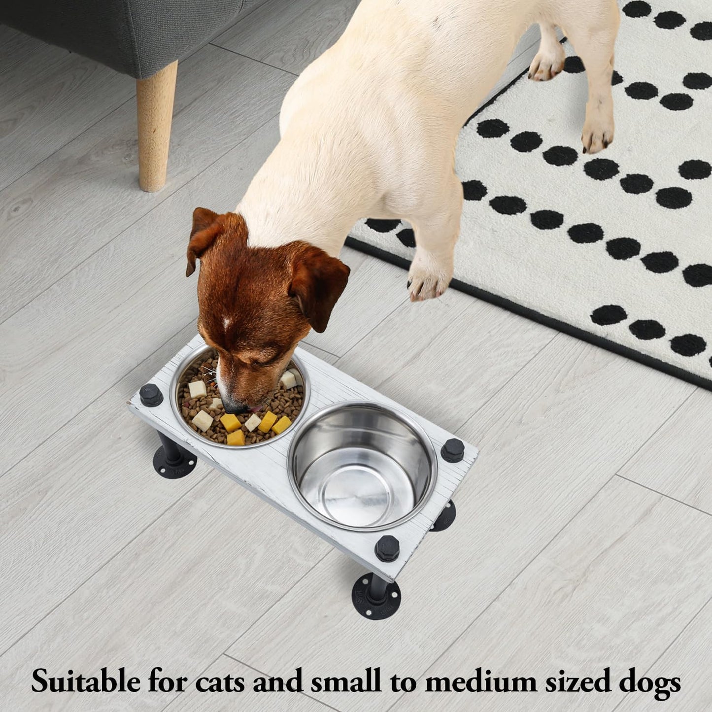 MyGift Vintage White Solid Wood Elevated Feeder with Industrial Metal Legs, 6.2" Tall Bowls for Medium Sized Dogs, Raised Food and Water Stand with 2 Stainless Steel Bowls