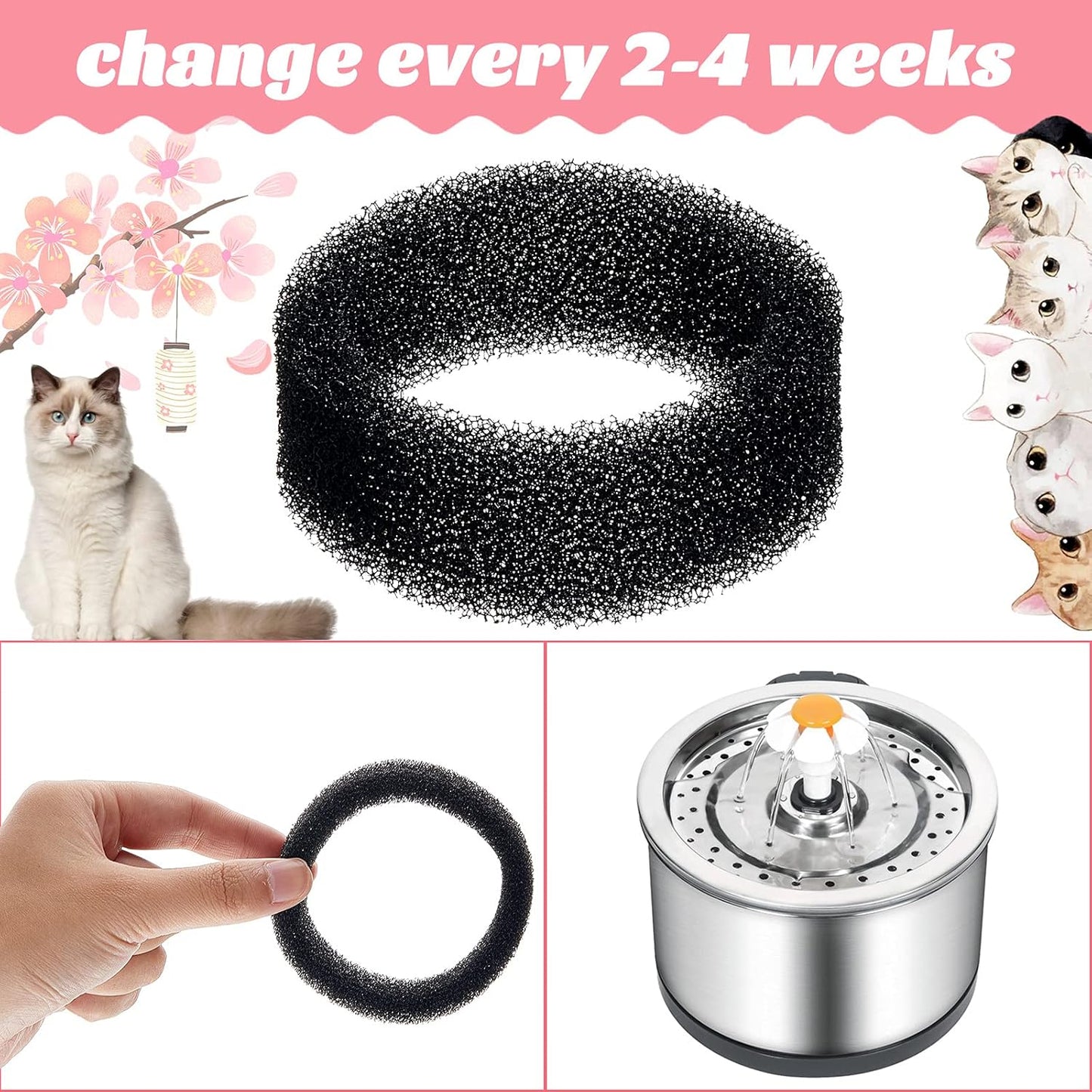 Tuanse 8 Pieces Cat Pet Water Fountain Filters Replacement Round Filter Foam for Pet Cat Drink Water Sponge Filter Replacement for 2. 5 L/84 oz 2. 2 L/ 74 oz Stainless Steel Dog Fountain