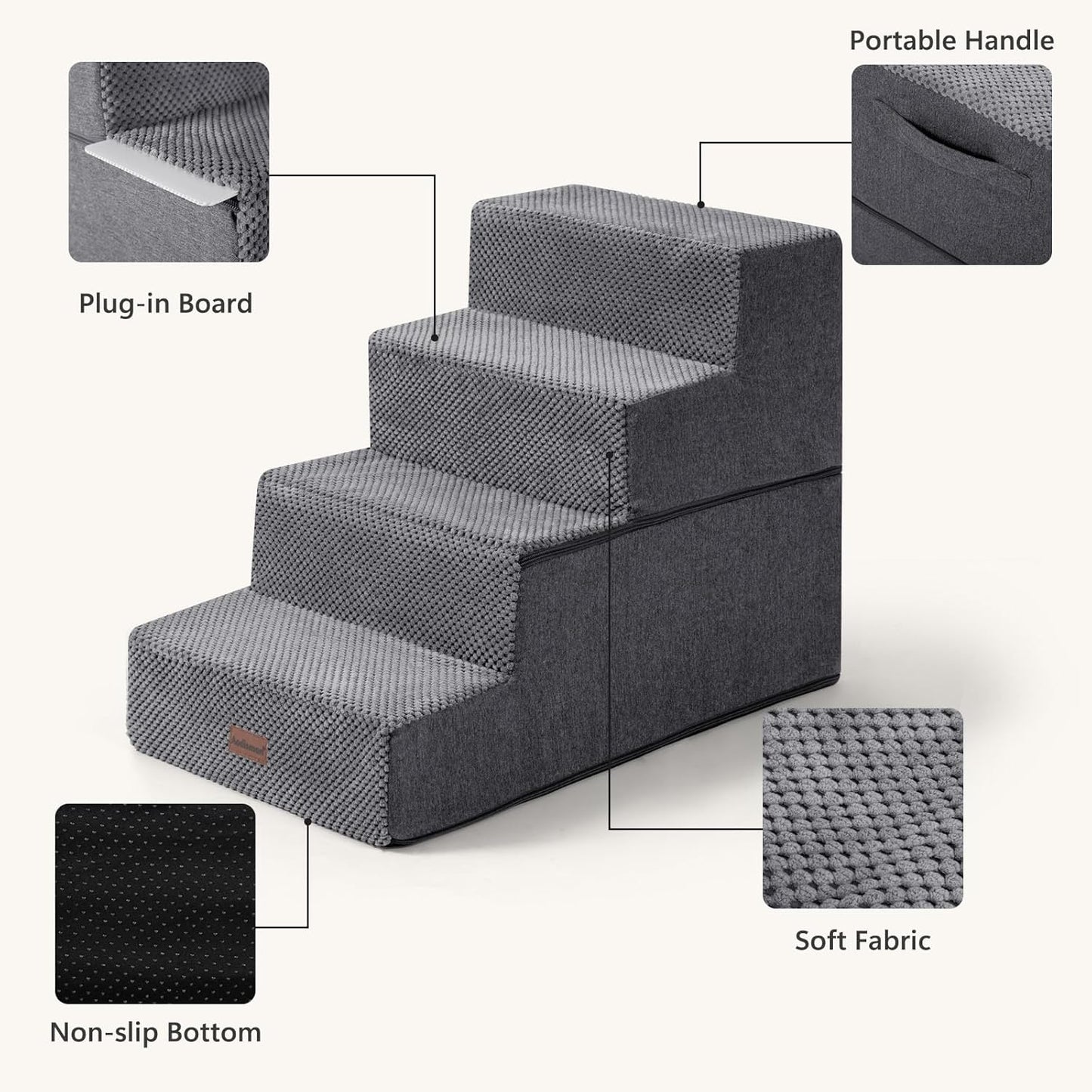 Dog Steps for Bed and Couch, 4-Step Pet Stairs for Small Dogs, Indoor Non-Slip Dog Stairs for Old Cats, Puppy, Small Medium Dogs,18.5" H,Grey
