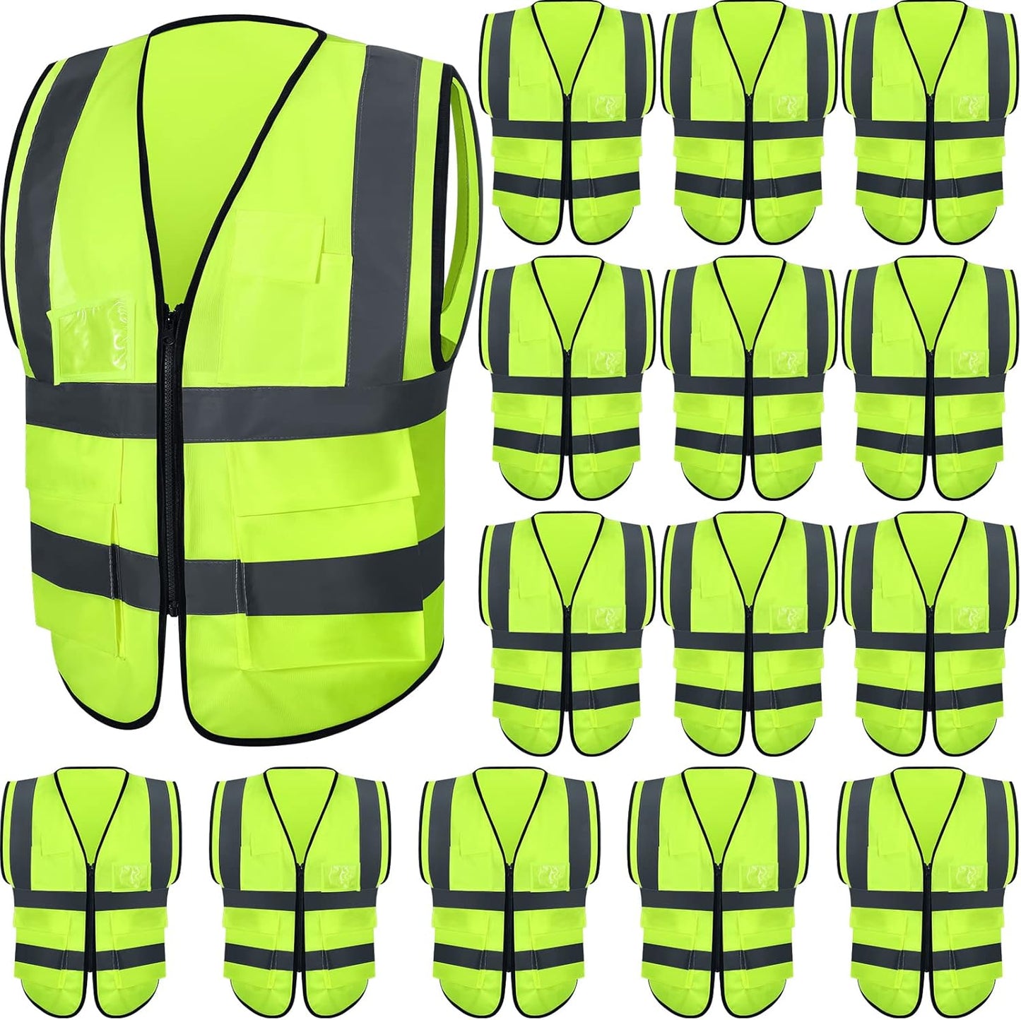 JaGely 15 Pack Reflective Safety Vests with Pockets and Zipper Construction Work High Visibility Vest for Men Women(Large,Fluorescent Green)