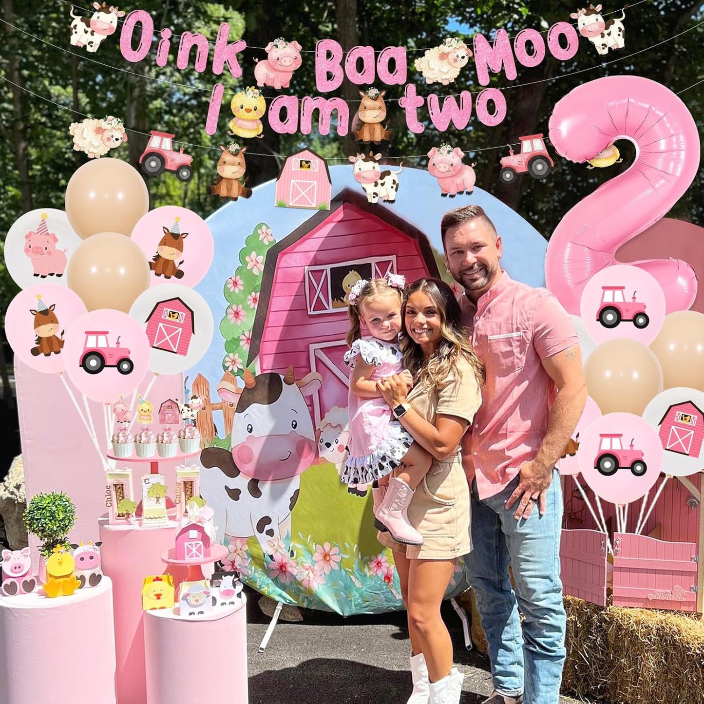 Pink Farm 2nd Birthday Decorations for Girls - Oink Baa Moo I’m Two Farm Animal Theme Birthday Party Supplies with Banner Garland Balloons Cake Toppers Cupcake Toppers