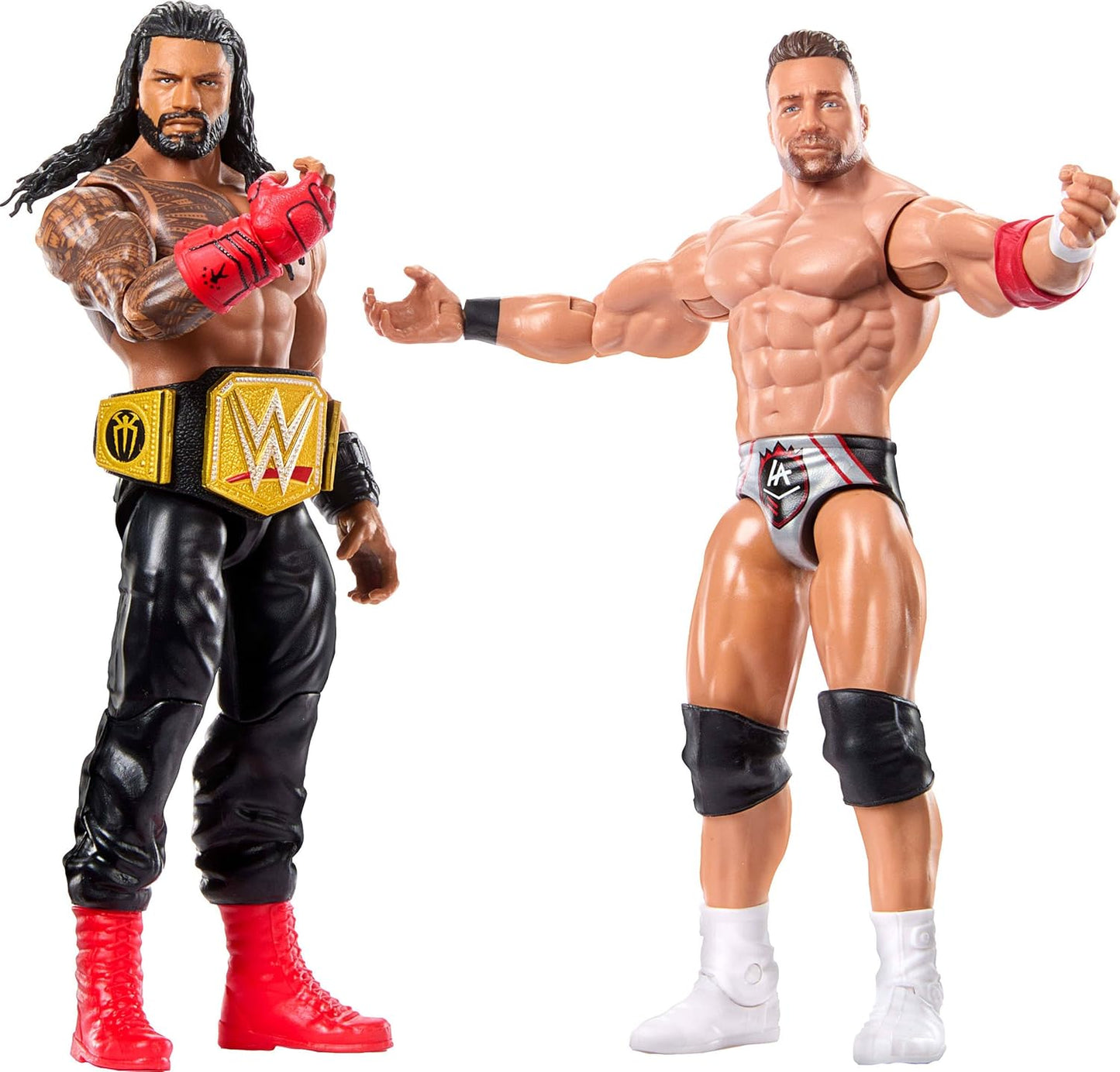 Mattel WWE Main Event Showdown Action Figures 2-Pack with Accessory, Series #21 Roman Reigns vs LA Knight Collectible Set, 6-inch