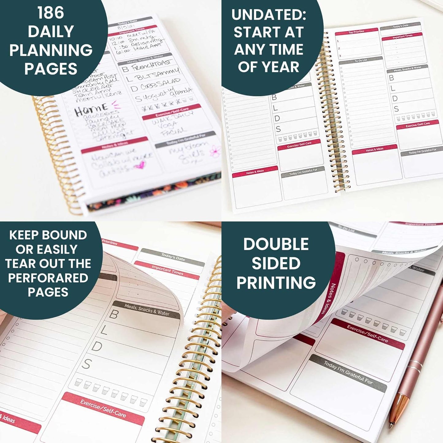 bloom daily planners Bound To Do List Notebook - Undated Daily Planner with 186 pages for Daily Tasks & Appointments- Spiral To Do List Notepad Book for Office, Home, School - Floral Dots V2