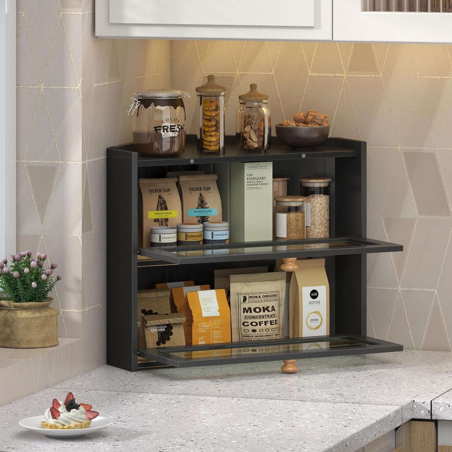 Black Corner Bread Box for Kitchen Countertop, Large Bread Container Storage Bamboo Wooden Farmhouse Bread Box with Window Bread Holder