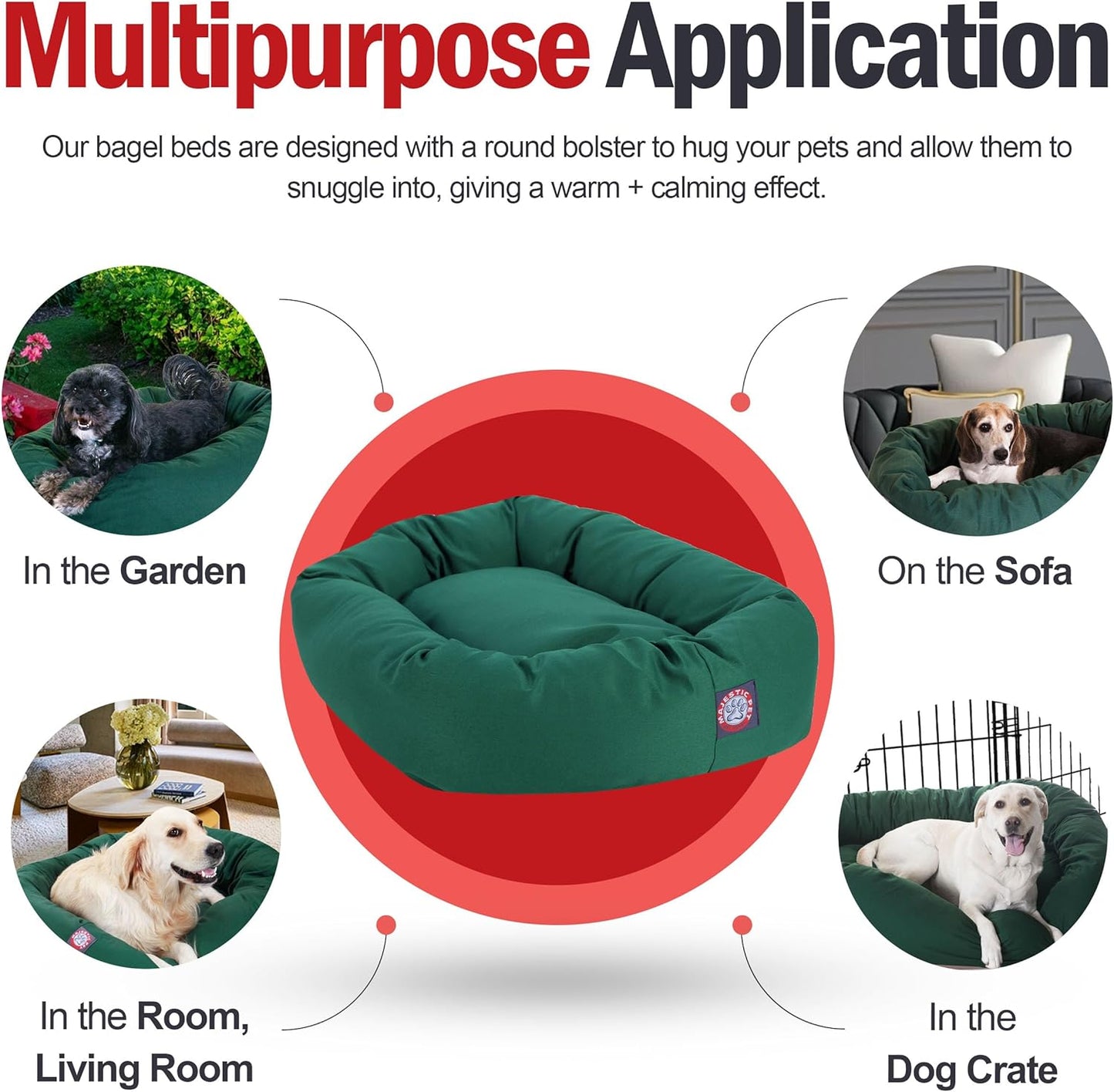 Majestic Pet 52 Inch Bagel Calming Dog Bed Washable – Cozy Soft Round Dog Bed with Spine Support for Dogs to Rest their Head - Fluffy Donut Dog Bed 52x35x11 (Inch) - Round Pet Bed X-Large – Green