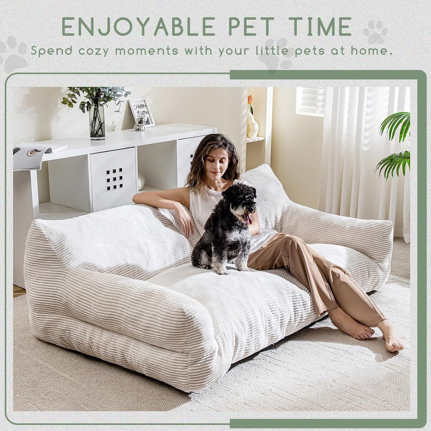 HIGOGOGO Large Human Dog Bed, Giant Dog Sofa Bed, Big Comfy Floor Sofa Couch for Pet Families with Foam Chunk Supportive Mat, XXXXL Size Corduroy Orthopedic Bed for Human, Beige