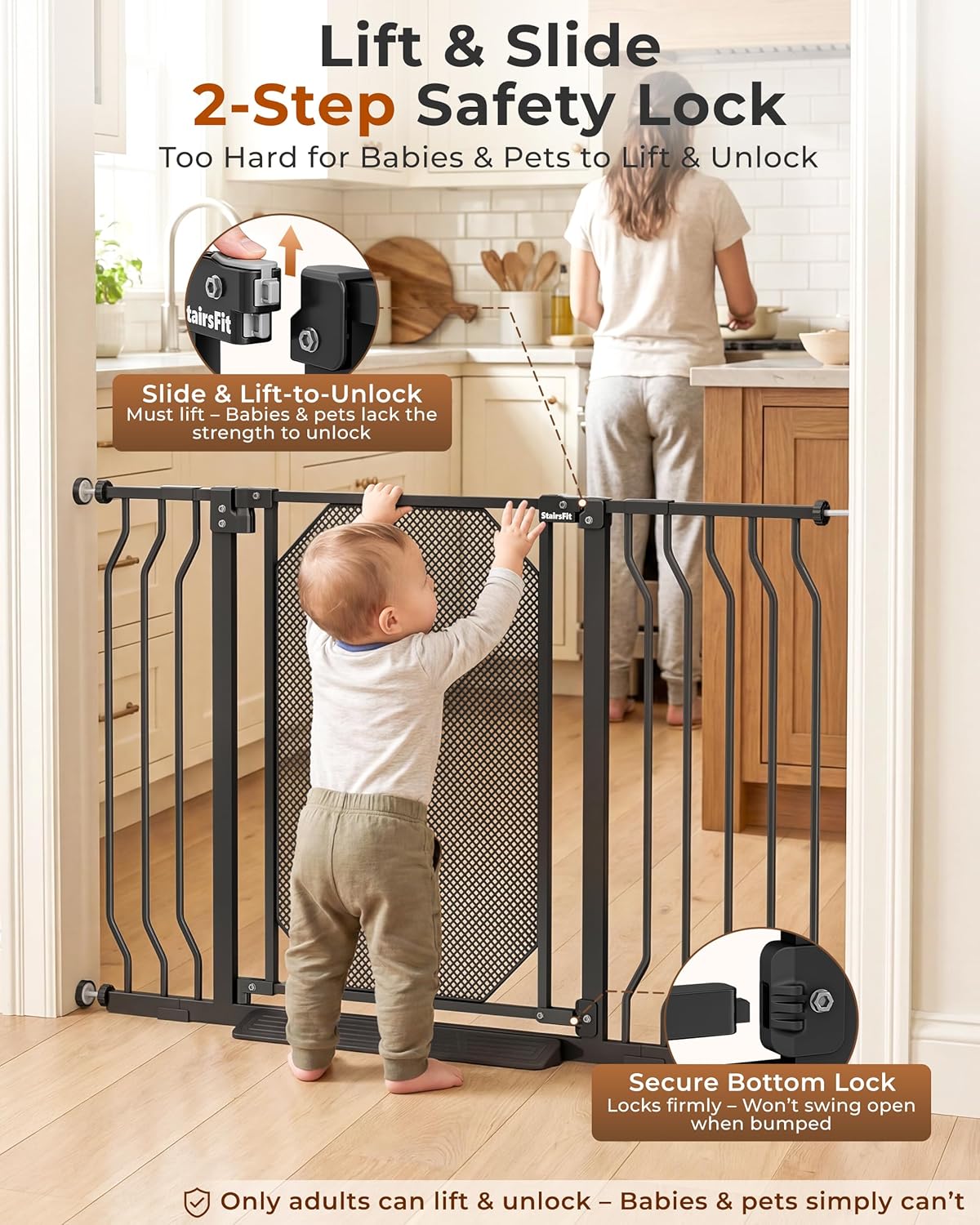 29.5-48" Baby Gate for Stairs, Pressure Mount No Drill, Lift to Unlock Child Proof, One-Hand Auto Close Walk Through Pet Dog Gate for Doorways, Fits 4 Different Width Ranges, Black