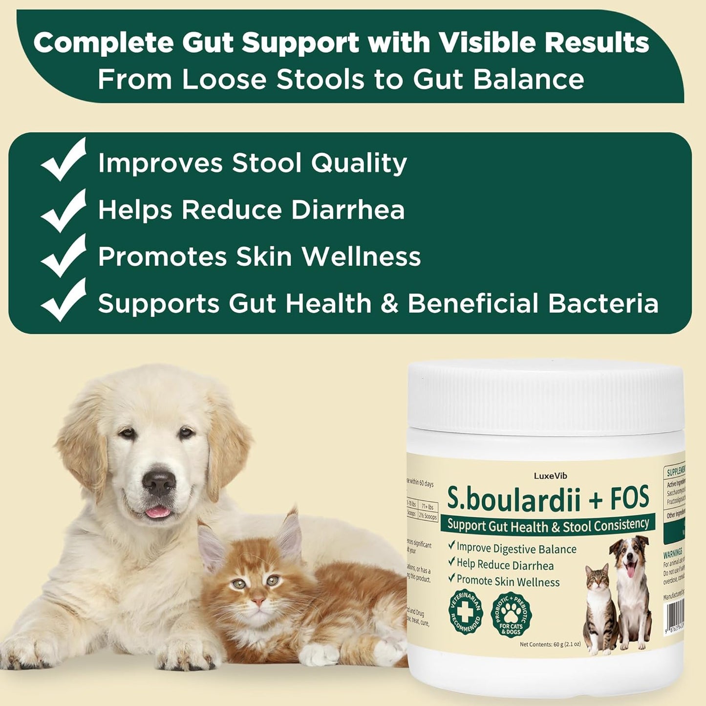 S.boulardii + FOS Pet Probiotic Powder for Dogs and Cats, 6.7 Billion CFU, Gut & Immune Support, Loose Stool & Digestive Upset Relief, Improves Stool Consistency, Skin Health, Veterinarian Recommended