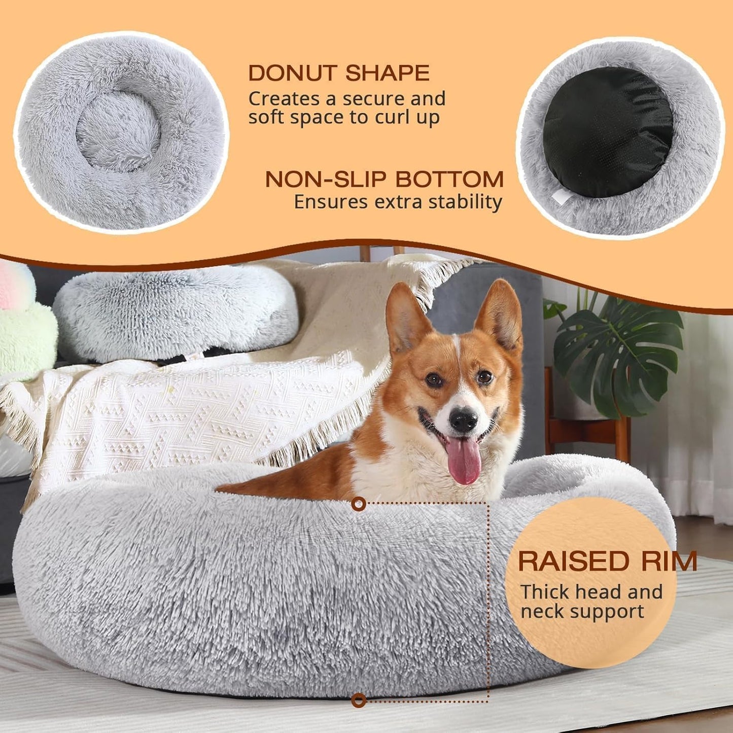 JOLLYVOGUE Dog Bed, Calming Anti-Anxiety Large Dog Bed, Fluffy Donut Cushion for Medium and Large Pets (27"/30"/36")