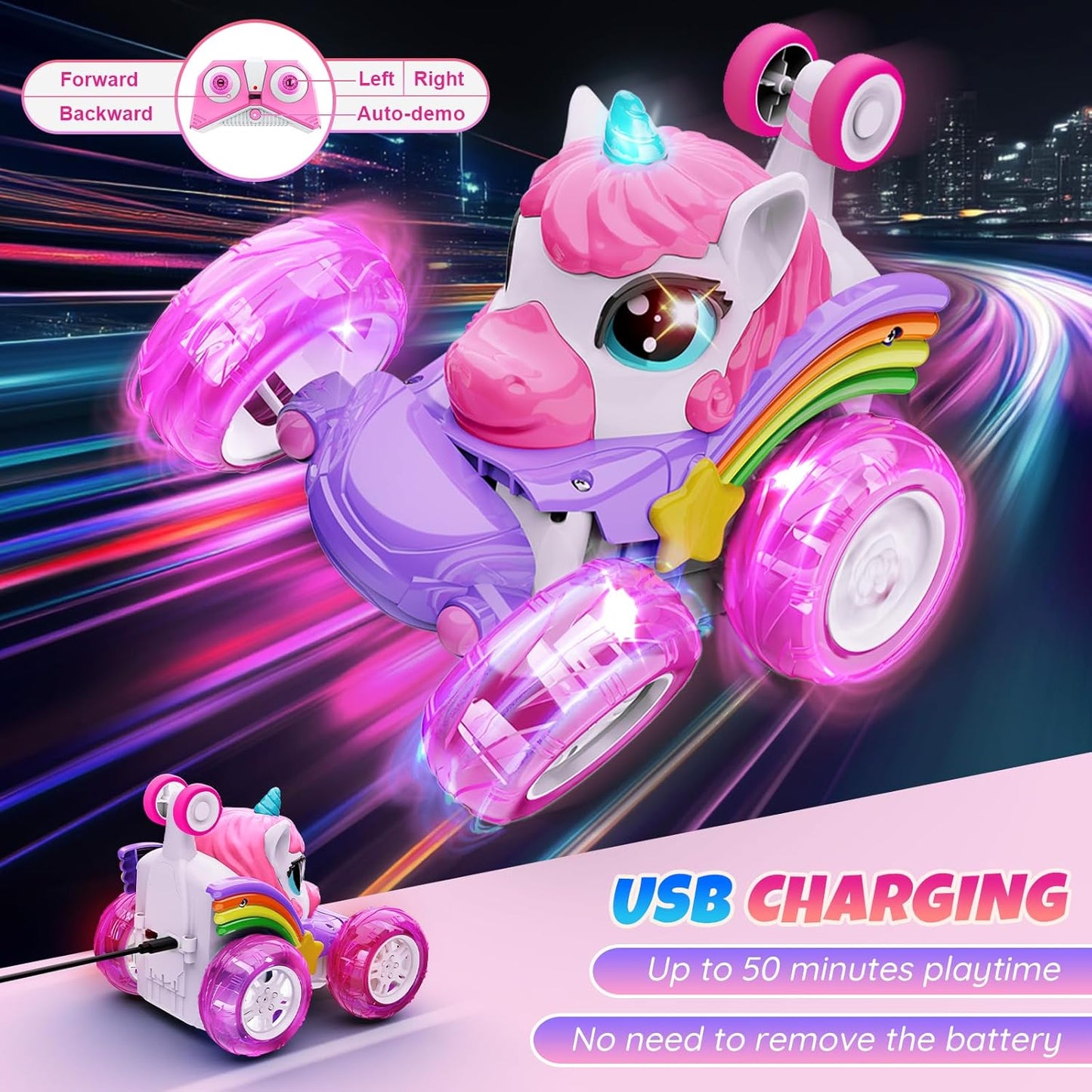 Unicorn Remote Control Car Toys for Girl - 360° Rotating Pink RC Stunt Cars 4WD Remote Cars for Kids, 2.4GHz Toy Car with LED Lights, Easter Birthday Gift for 3 4 5 6 7 8 9 Year Old Girl