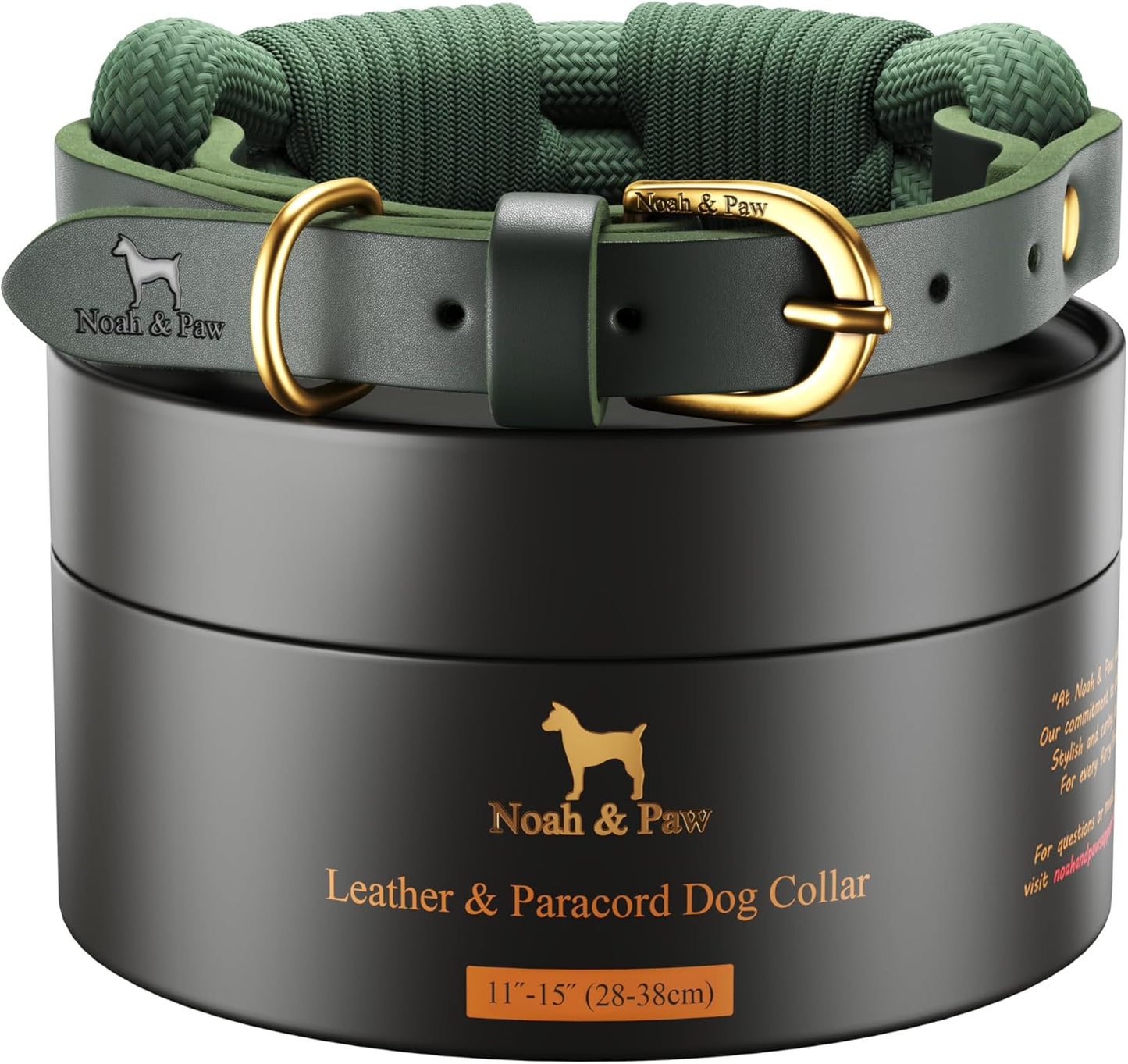 NOAH & PAW Small Dog Collar, Genuine Leather Dog Collar with Paracord, Heavy Duty Metal Buckle, Unisex Colors for Girl and Boy, Neck Size 11"-15" (Dark Green).