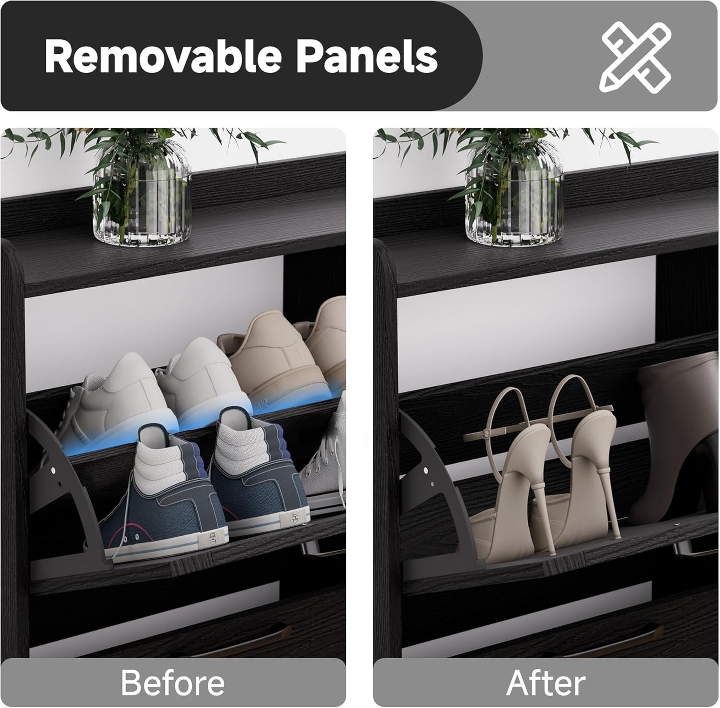 Shoe Storage Cabinet with 4 Flip Drawers, Freestanding Shoe Organizer with Adjustable Shelf & Anti-Tipping Device, Hidden Shoe Rack for Entryway, Hallway, Foyer, Lounge（Black）