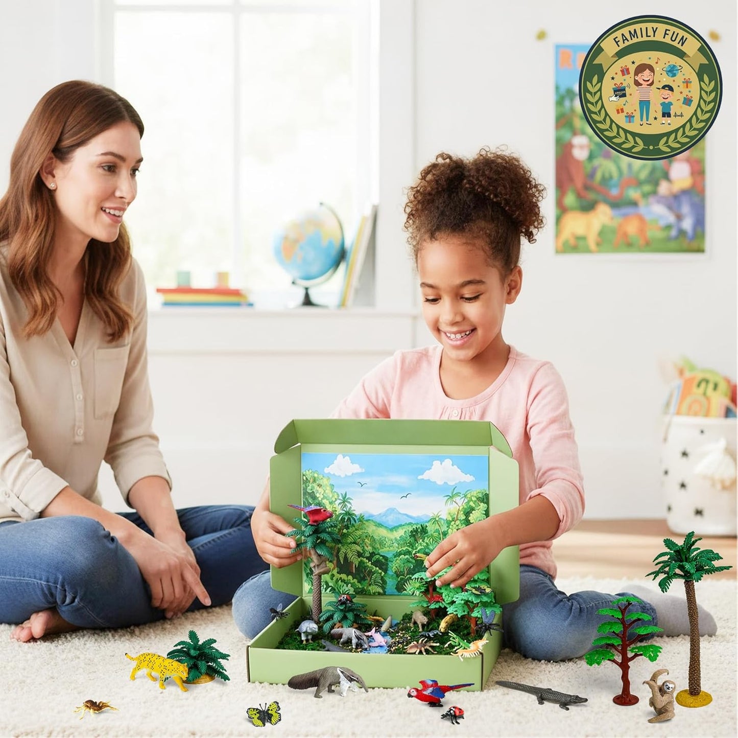 33PCS Rainforest Animals Figures Toys Set, Diorama Project Supplies Include Tropical Jungle Figurines Trees Moss Sand Stones Display Box for Kids Science School DIY