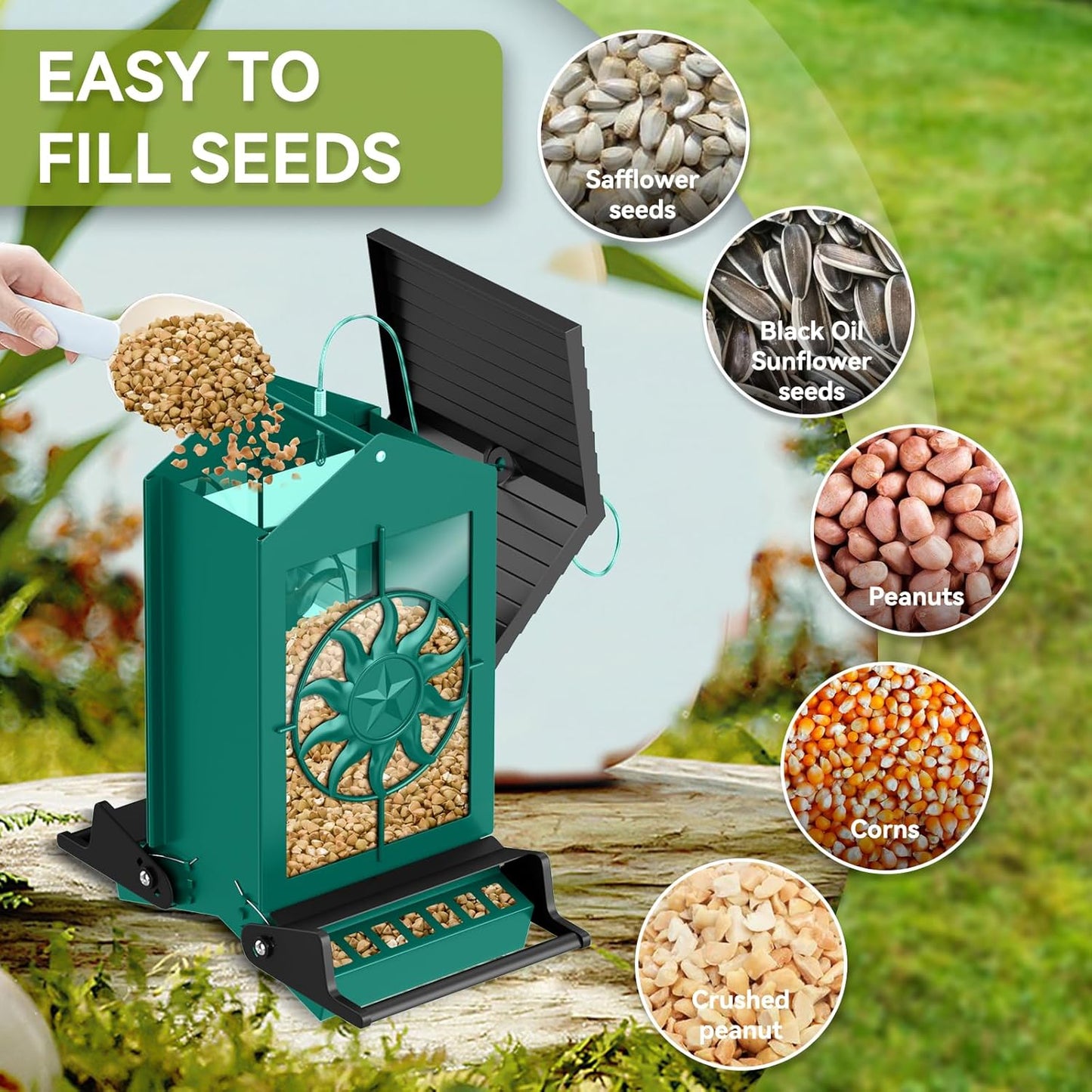 Metal Squirrel Proof Bird Feeders for Outdoors With Weight-Activated, 5LB Large Wild Bird Feeders for Cardinals,Blue jay,Finch, Weatherproof Durable Hanging Bird Feeder for Backyard,Garden,Patio-Green
