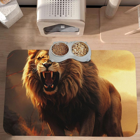 Pet Feeding Mat Leather Dog Food Mat Waterproof Pet Tablecloth Angry Roaring Lion Pet Placemat for Dogs Absorbent Dog Bowl Mat Anti-Slip Dogs Mats for Food and Water