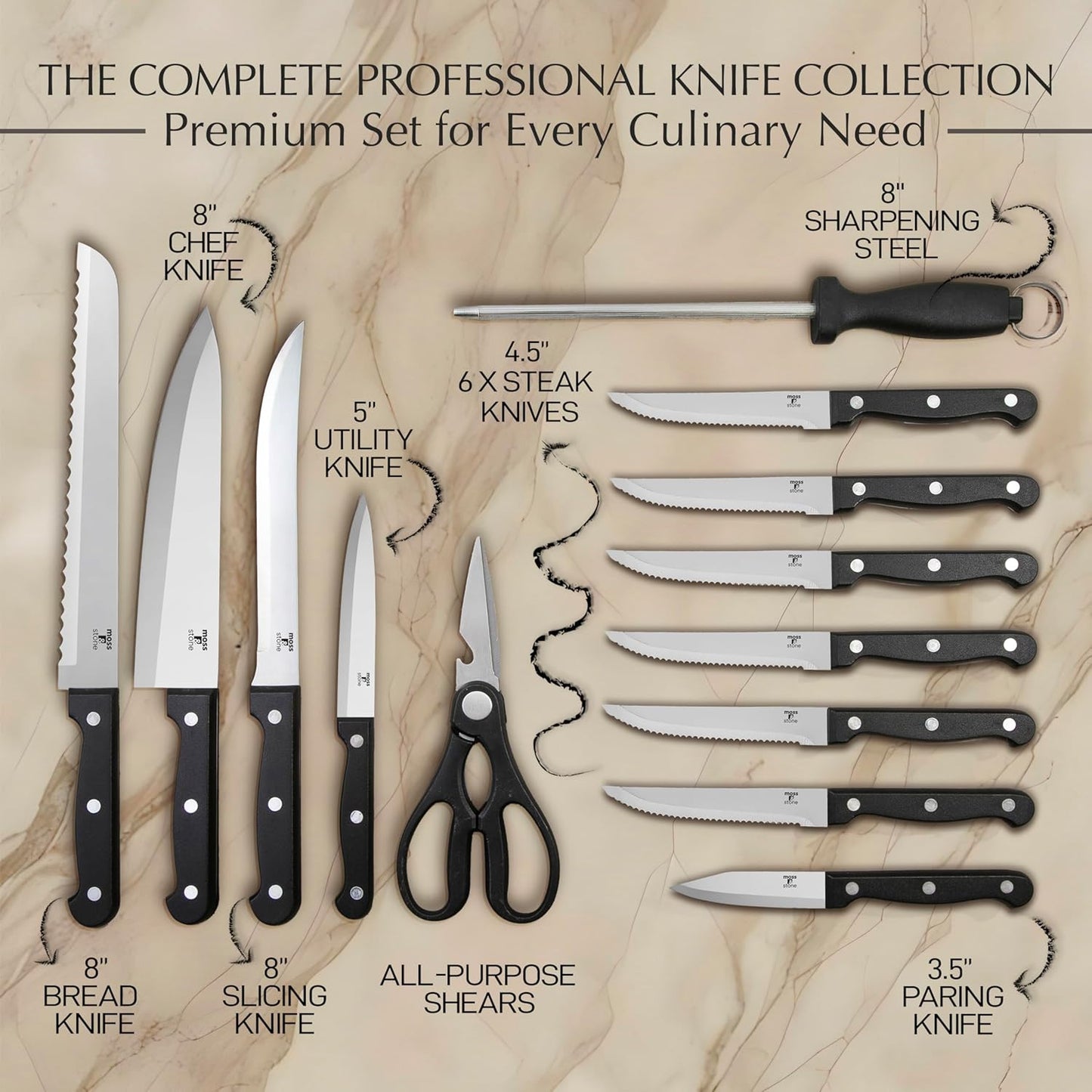 Moss & Stone 14 Pcs Knife Block Set Stainless Steel, Premium Forged Kitchen Knives Set with High-Carbon Blades, Ergonomic Handle, Sharp Blade, Rust Resistant, Modern Style for Home & Chef, Black