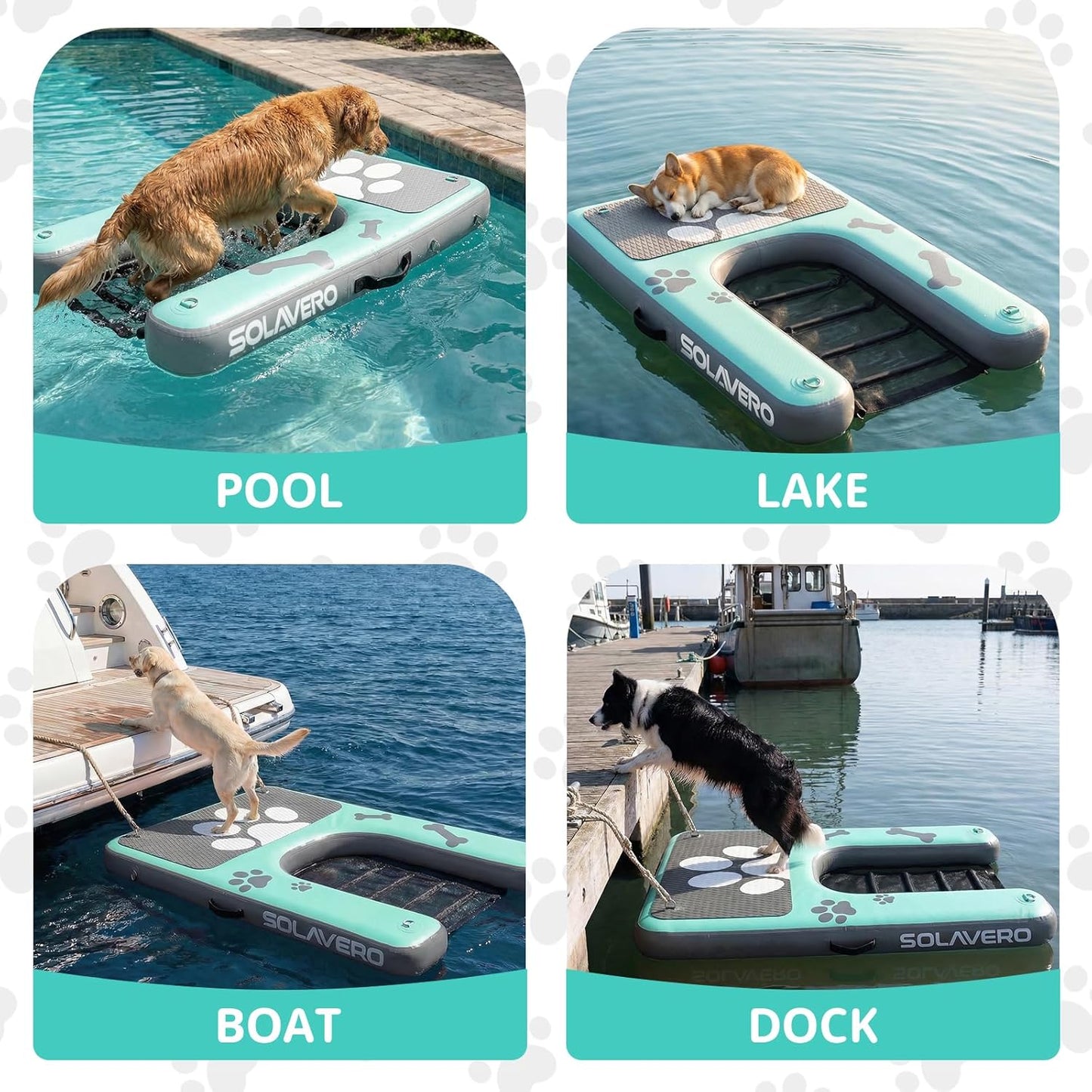 SOLAVERO Dog Water Ramp for Pool, Boat & Lake, Inflatable Dog Dock Pup Plank Pool Ladder Up to 200 lbs, Safe & Easy Access Floating Ramp Steps for Pets with Anti-Slip EVA, Green