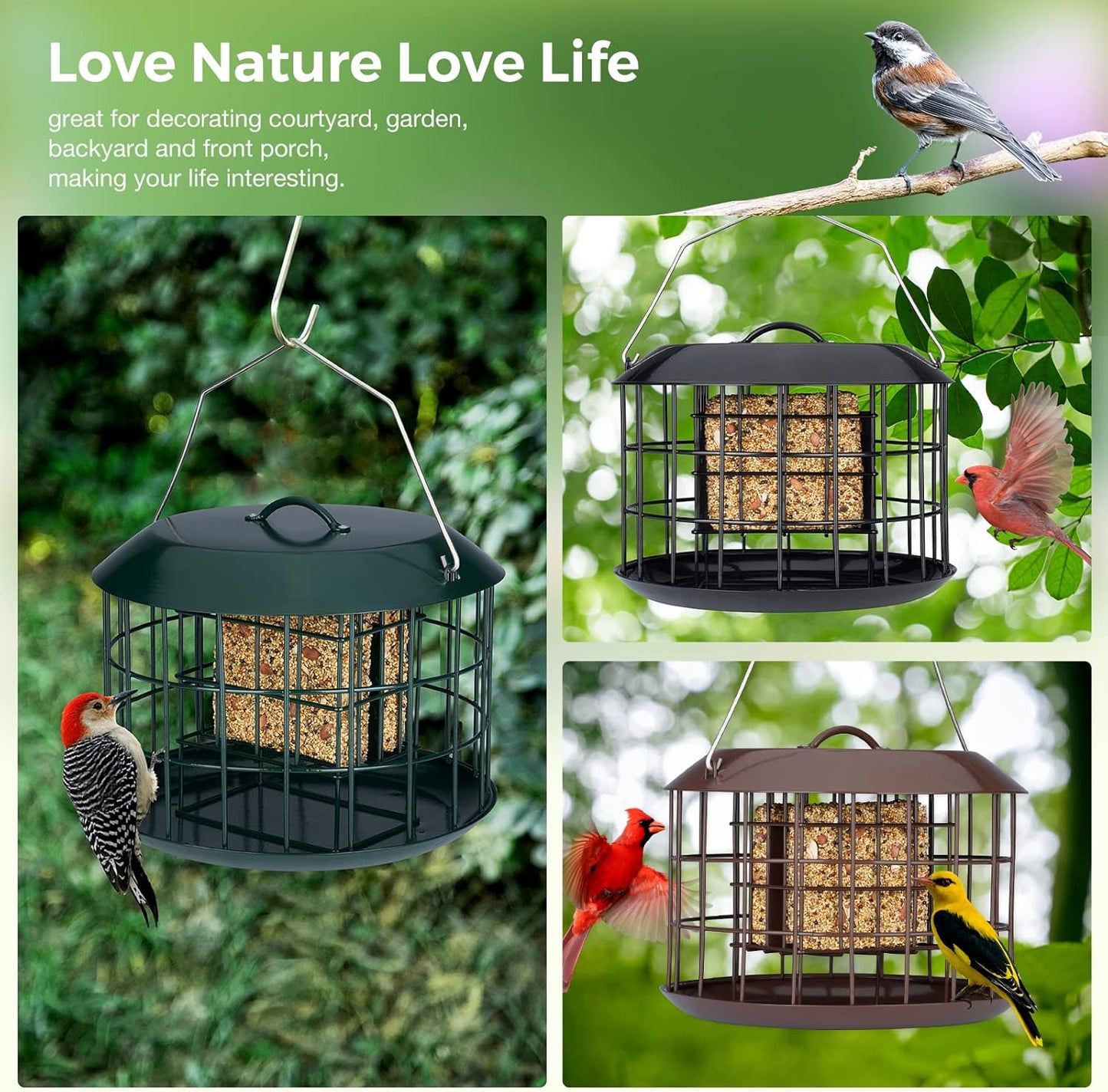 Kingsyard Squirrel Proof Suet Feeder, Cage Bird Feeders for Outdoors Hanging, All Metal, Double Suet Cake Capacity, Tray & Weatherproof, Black