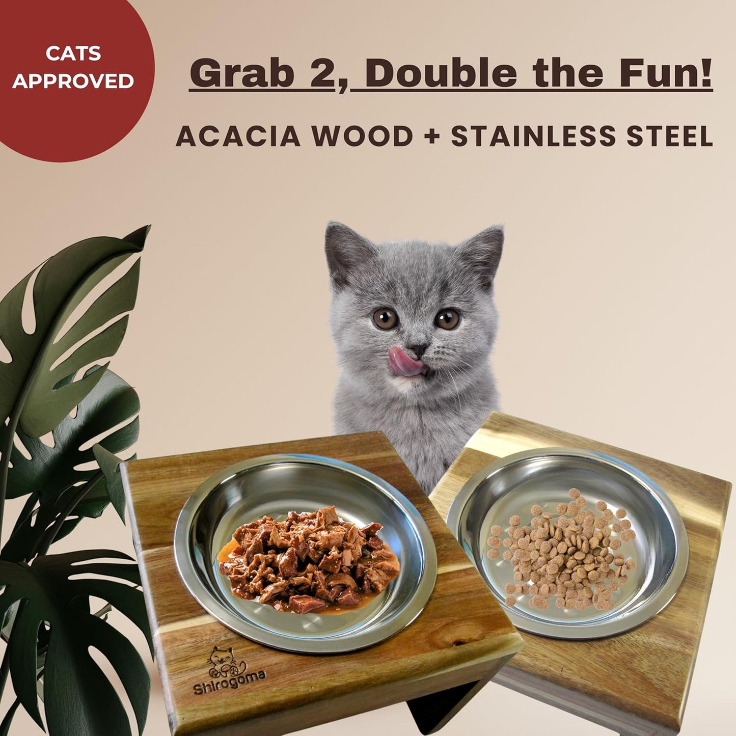 Raised Cat Bowls, 6.25 in wide, 6" Elevated Cat Feeding Stand (with 2 Stainless Steel Bowls: 12 oz/1.5 cup), Small Dogs, Rabbits, Anti-Vomit, Whisker friendly, 6 x 8 x 8 in, Acacia Wood