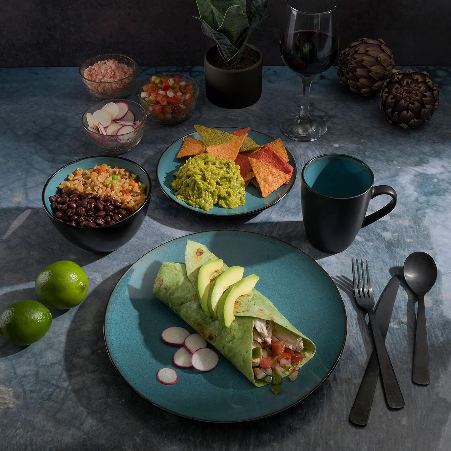 Gibson Elite Soho Lounge 16-Piece Round Reactive Glaze Stoneware Dinnerware Set, Service for 4 – Teal Plates and Bowls