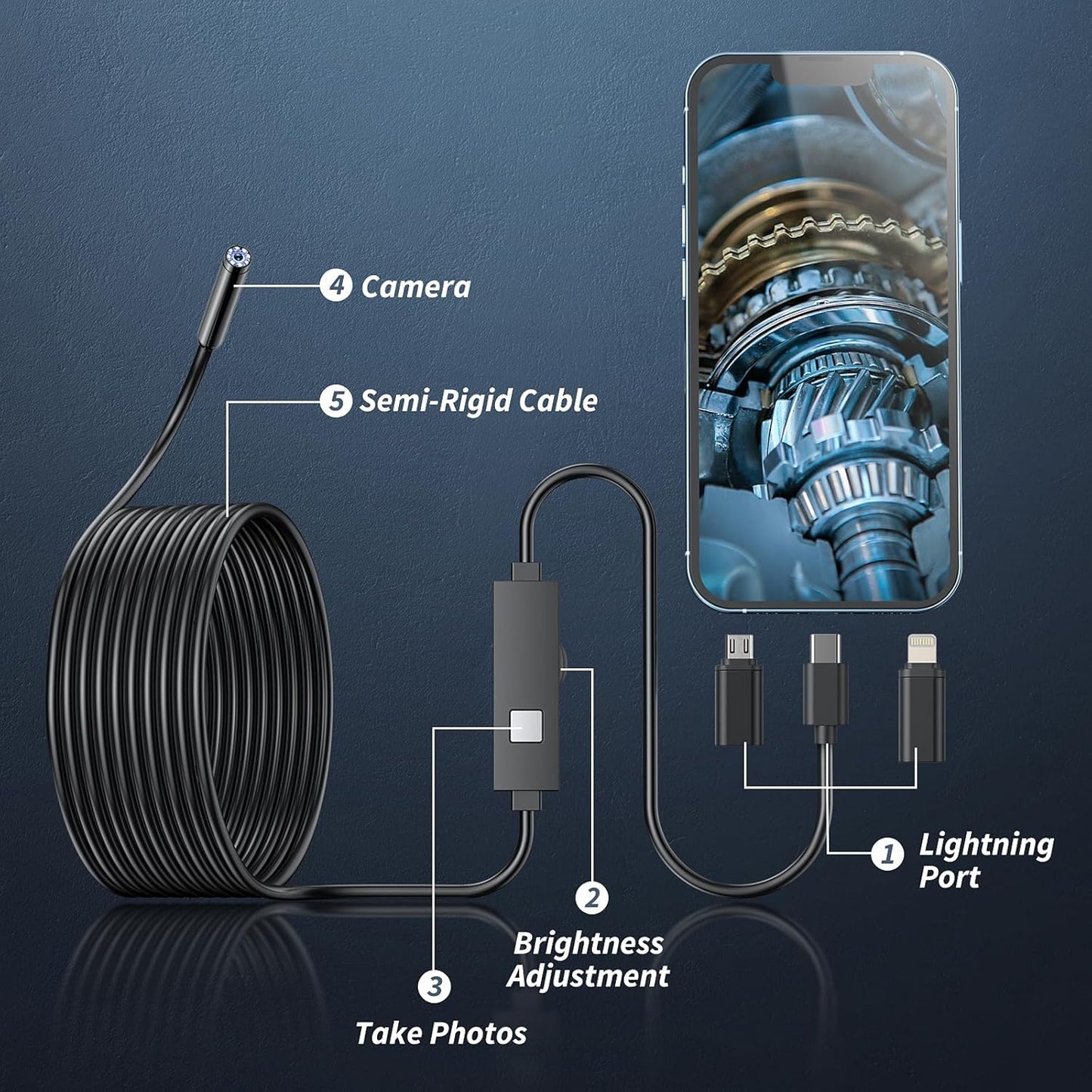 Endoscope Camera with Light, 1920P HD Borescope Tools with 8 Adjustable LED Lights, Endoscope with Semi-Rigid Snake Camera, Inspection Borescope for iOS and Android - 16.4ft Single Lens