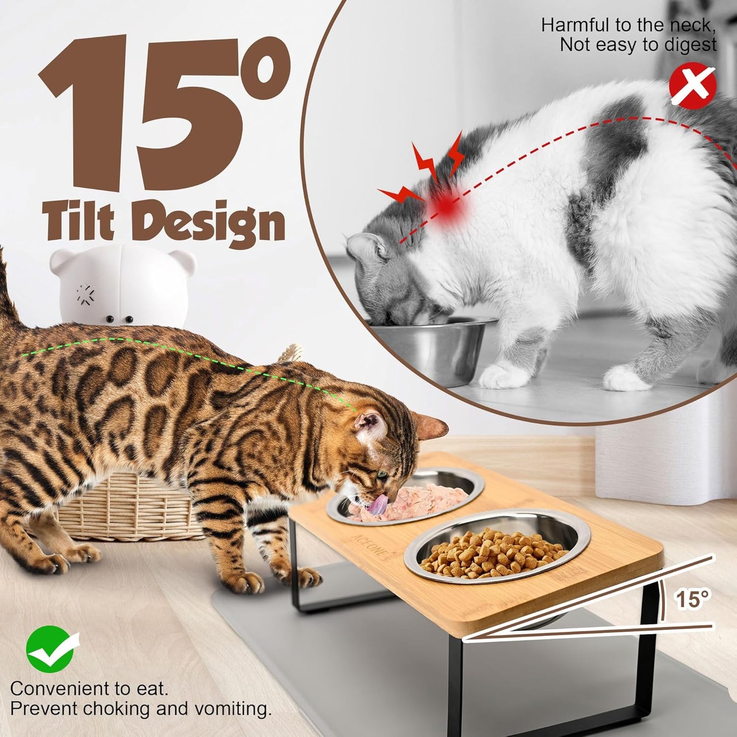Elevated Cat Bowls with Non Slip Mat, ACEONE 15° Tilted Raised Anti Vomit Cat Feeder for Food and Water, Pet Feeding Station with 2 Stainless Steel Bowls(M Bowl)
