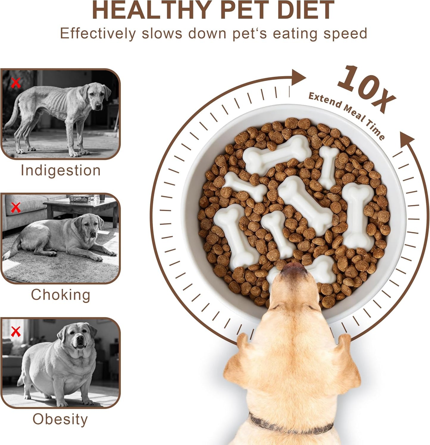Ceramic Slow Feeder Dog Bowl, 1.5 Cup Dog Food or 20oz Water, Slow Eating Bowl for Small Breed, Maze Puzzle Feeder for Fast Eaters, Anti-Choking Stop Bloat, Non-Slip BPA Free (White Bone)