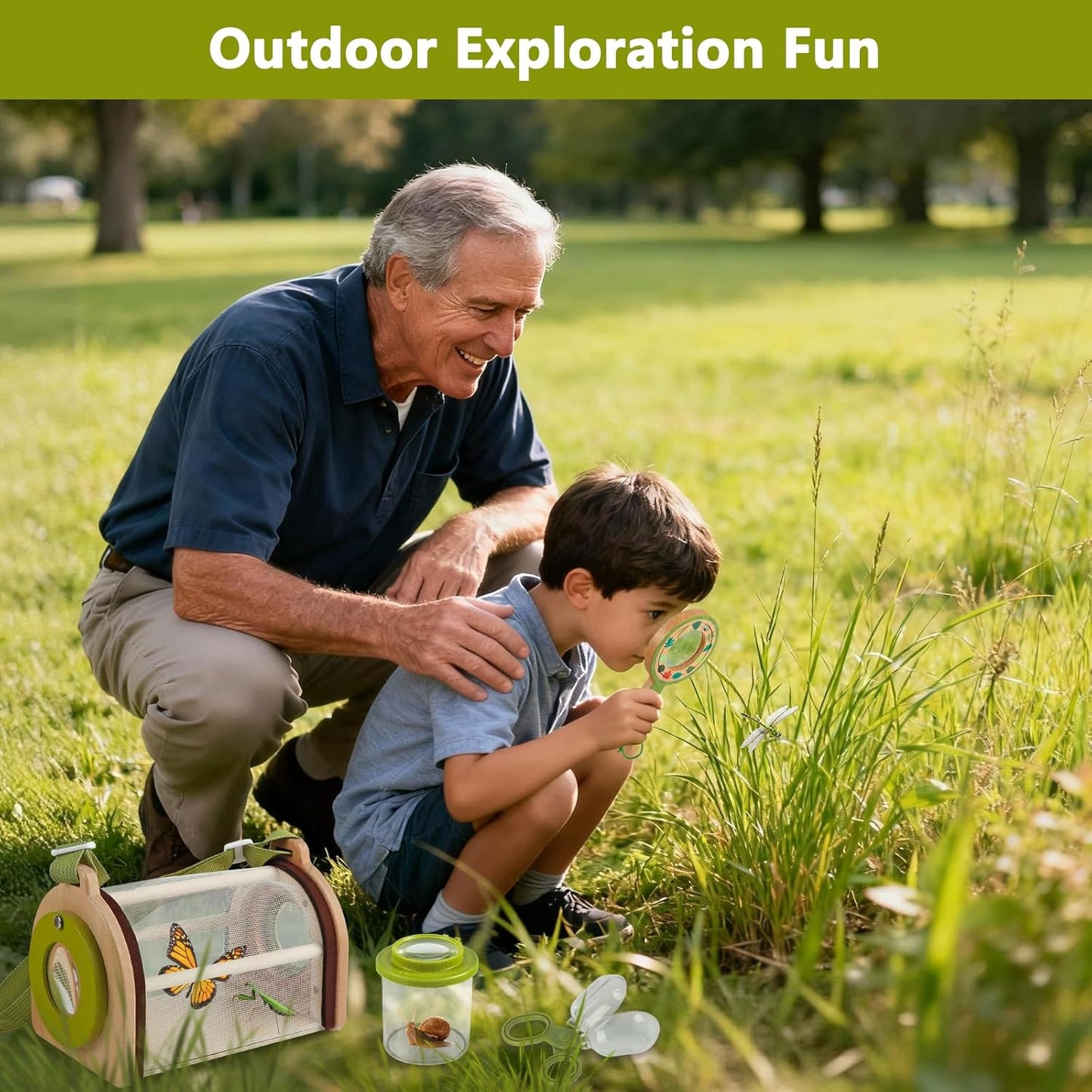 Wooden Bug Catcher Kit for Kids -11Pcs Bug Catching Kit Outdoor Explorer Kit with Carry Bag, Butterfly Net and Other Adventure Sets for Garden Backyard Camping, Gift for Toddlers Girls Boys 3-12