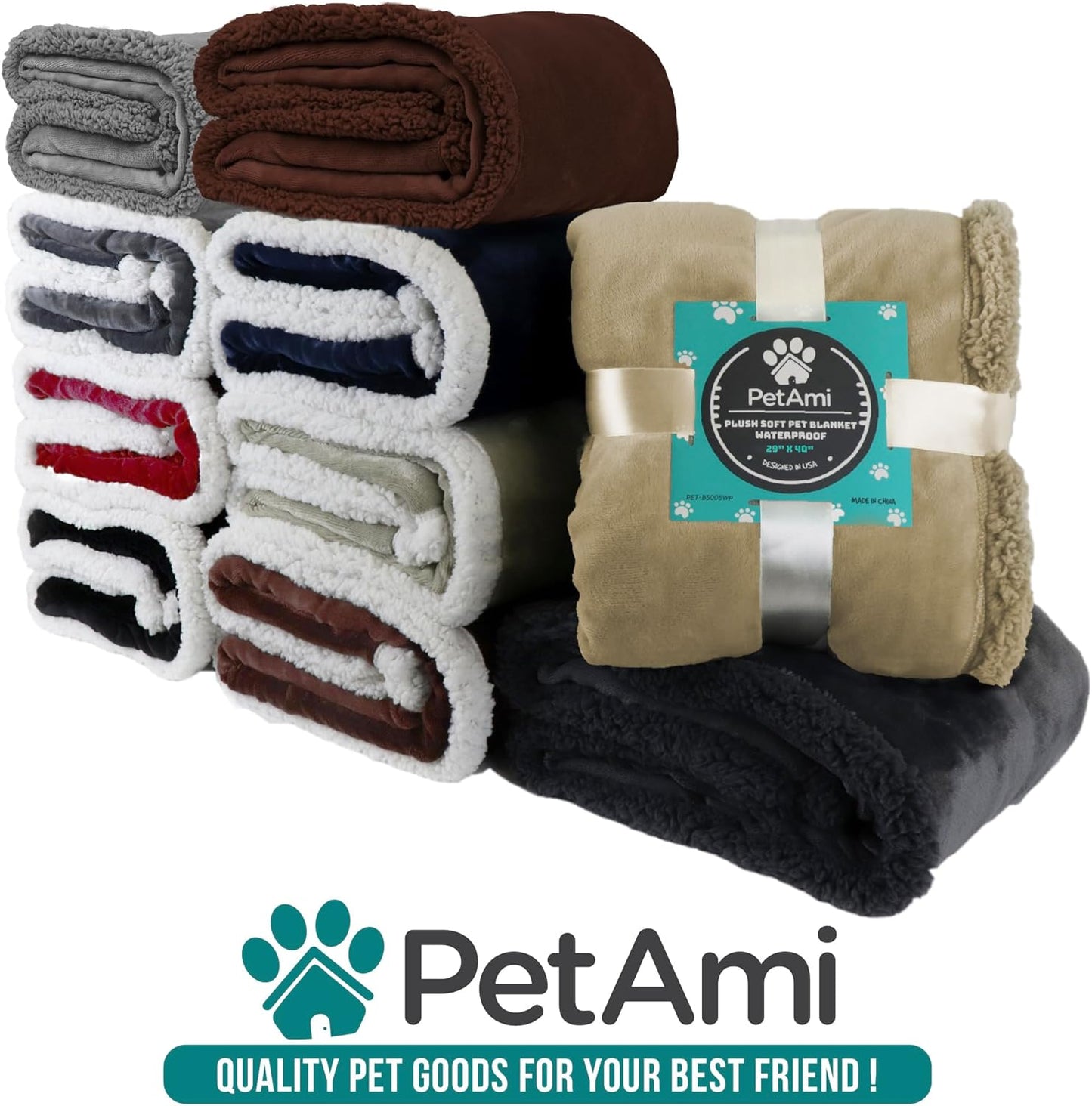 PetAmi Waterproof Dog Blanket for Queen Bed Large XL Dog Throw for Couch Cover Leakproof Furniture Protection, Sherpa Fleece, Reversible Soft Washable 90x90 Navy Gray