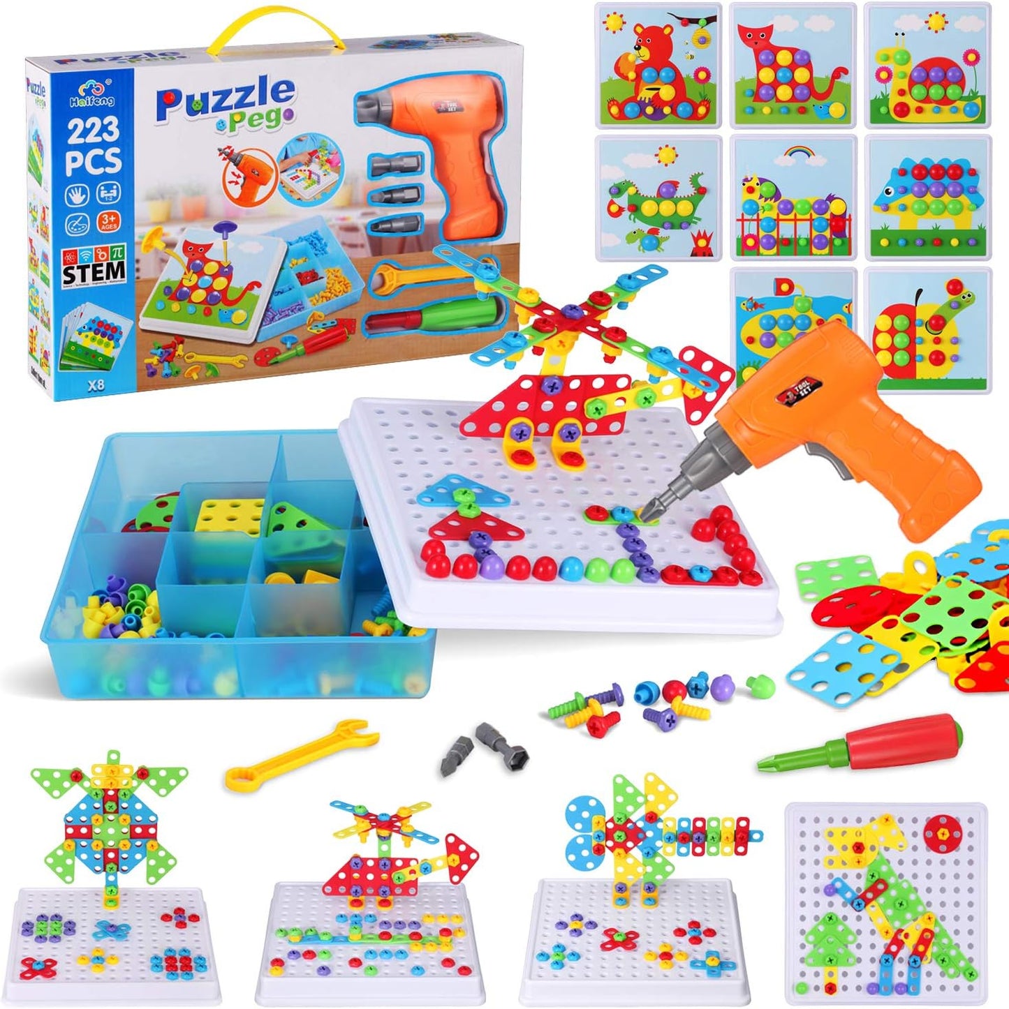 Haifeng 223 Pieces Kid Screwdriver Toy, Greative Drill Set, STEM Building Montessori Play Toolbox, Game Activities Center for Kids Ages 3-10 Years Old