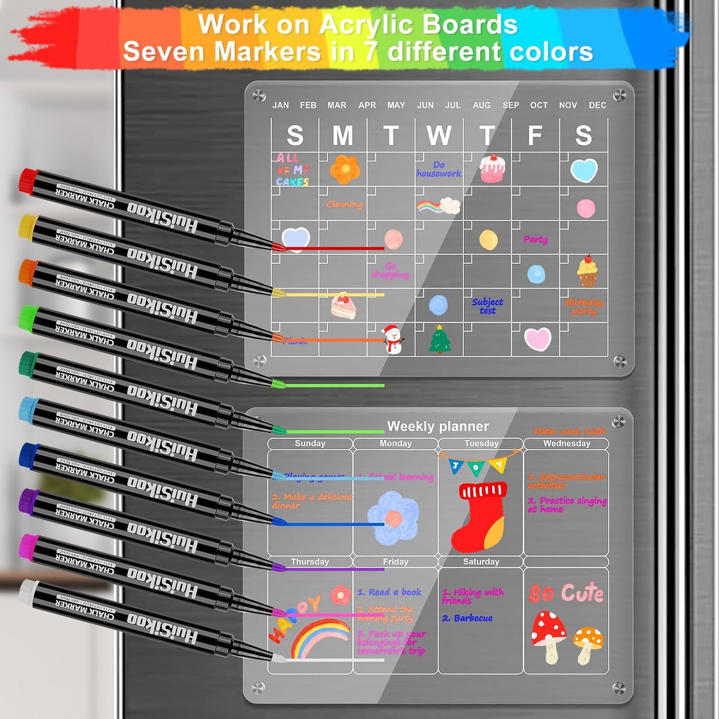 Liquid Chalk Markers for Acrylic Calendar Planning Board - Fine Tip Wet Erase Markers for Dry Erase Board, Whiteboard, Glass, Mirror - 1mm Fine Point, Easy to Erase, Quick Drying (10 Color)