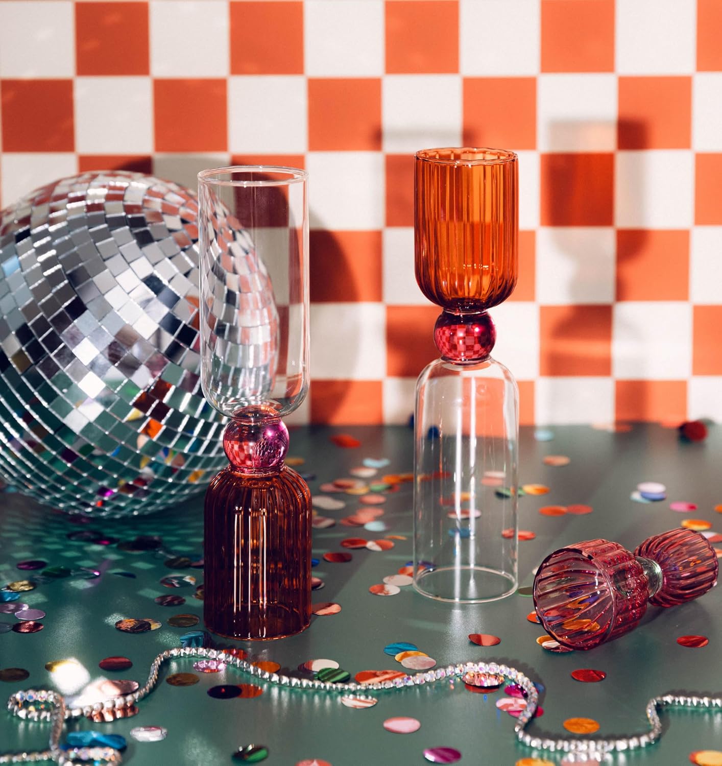 ban.do Bar Glass Set of 2, 6.6oz Cute Cocktail Glasses for Adults, Unique Cocktail Wine & Champagne Glasses, Aesthetic Glassware for Bar Cart, Tipsy Turvy