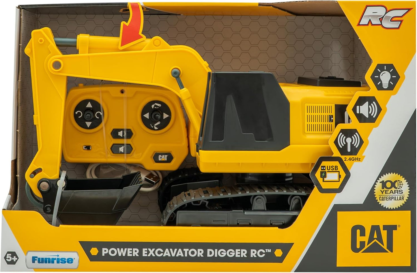 CAT Power Excavator Digger RC Construction for Kids 5+ | 2.4GHz Remote Control Truck Toy, Full-Function Dig, Scoop, Spin & Drive, Realistic Lights & Sounds, USB Rechargeable, Indoor/Outdoor