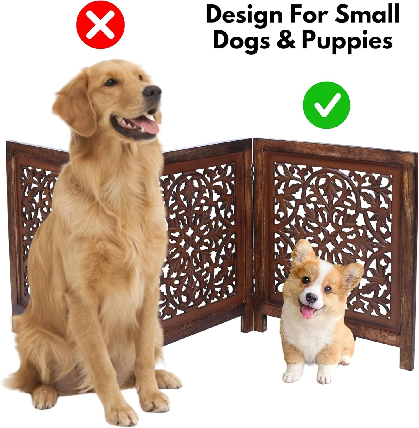 Dog Gate Indoor, Free Standing Folding Wooden Dog Gate for Doorway, Hallway or Stairs, Decorative 3 Panel Wood Pet Fence, 60x24 Inch Pet Gate, Natural Burnt Daisy Design
