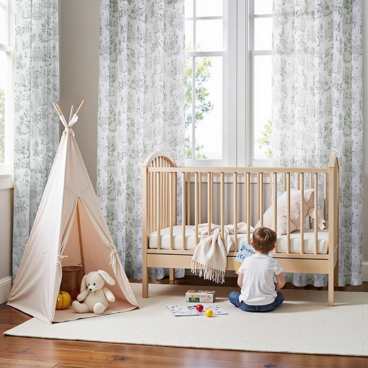 jinchan Easter Decor Linen Nursery Curtains 84 inch Long Woodland Wildlife Sage Green Print Drapes for Kid's Room Light Filtering French Country Farmhouse Curtains with Bunny Design Set of 2 Panels