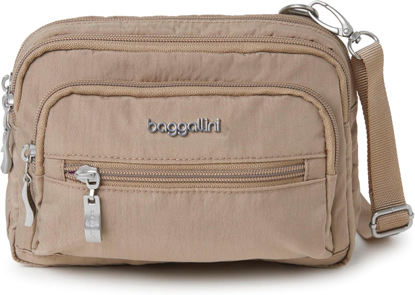 Baggallini Triple Zip Small Crossbody Bag for Women - 8x6 Lightweight Convertible Fanny Pack Belt Bag