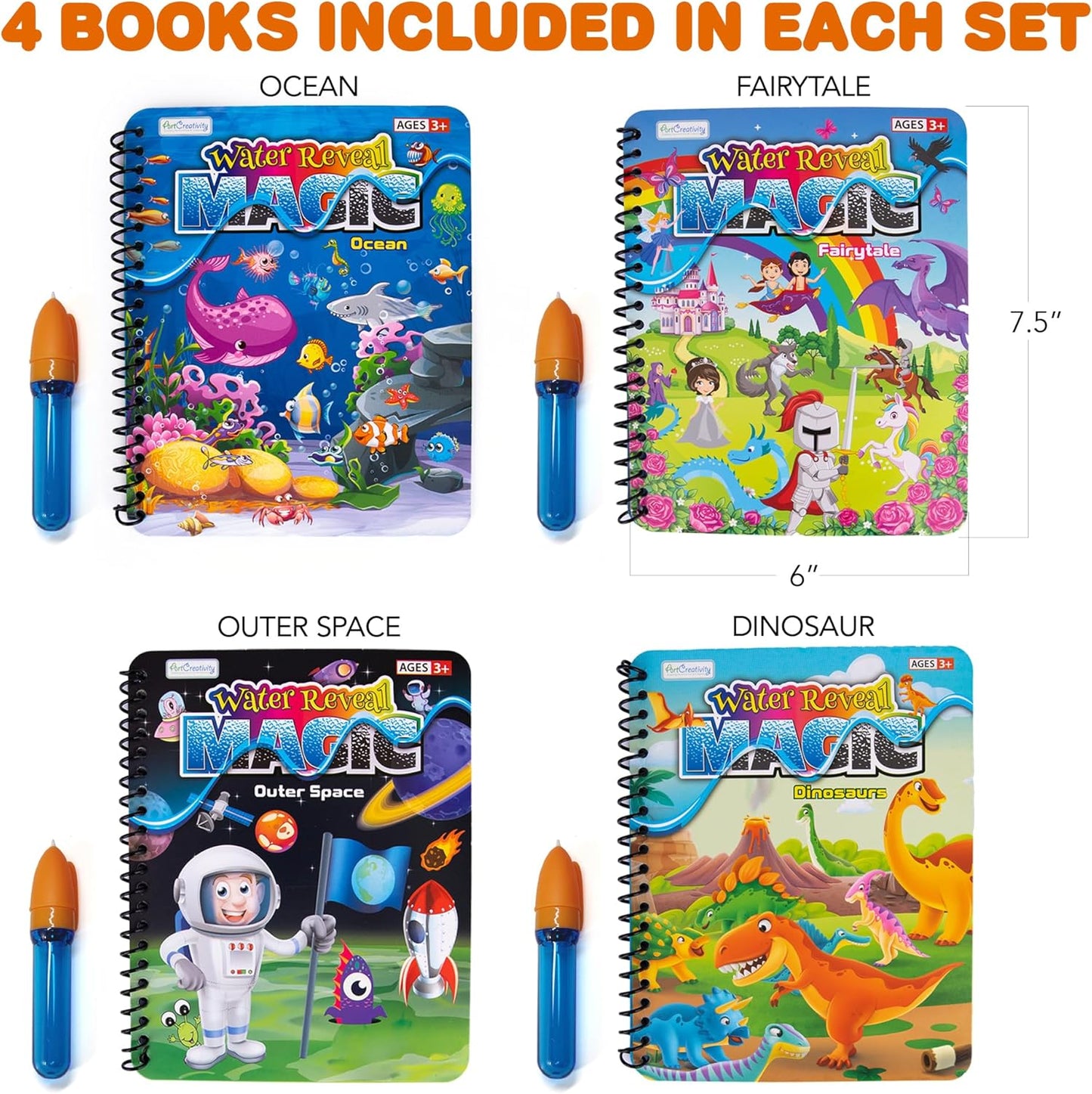 ArtCreativity 4 Pack Magic Water Coloring Books for Toddlers, Reusable Magic Water Pen Coloring Books for Kids - Mess Free Water Art Book for Toddlers - Travel Activity Toys, No-Mess Coloring